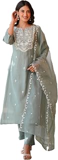 Janasya Light Blue Silk Blend Kurta with Pant & Dupatta for Women Embroidered Print Ethnic Wear Price In India