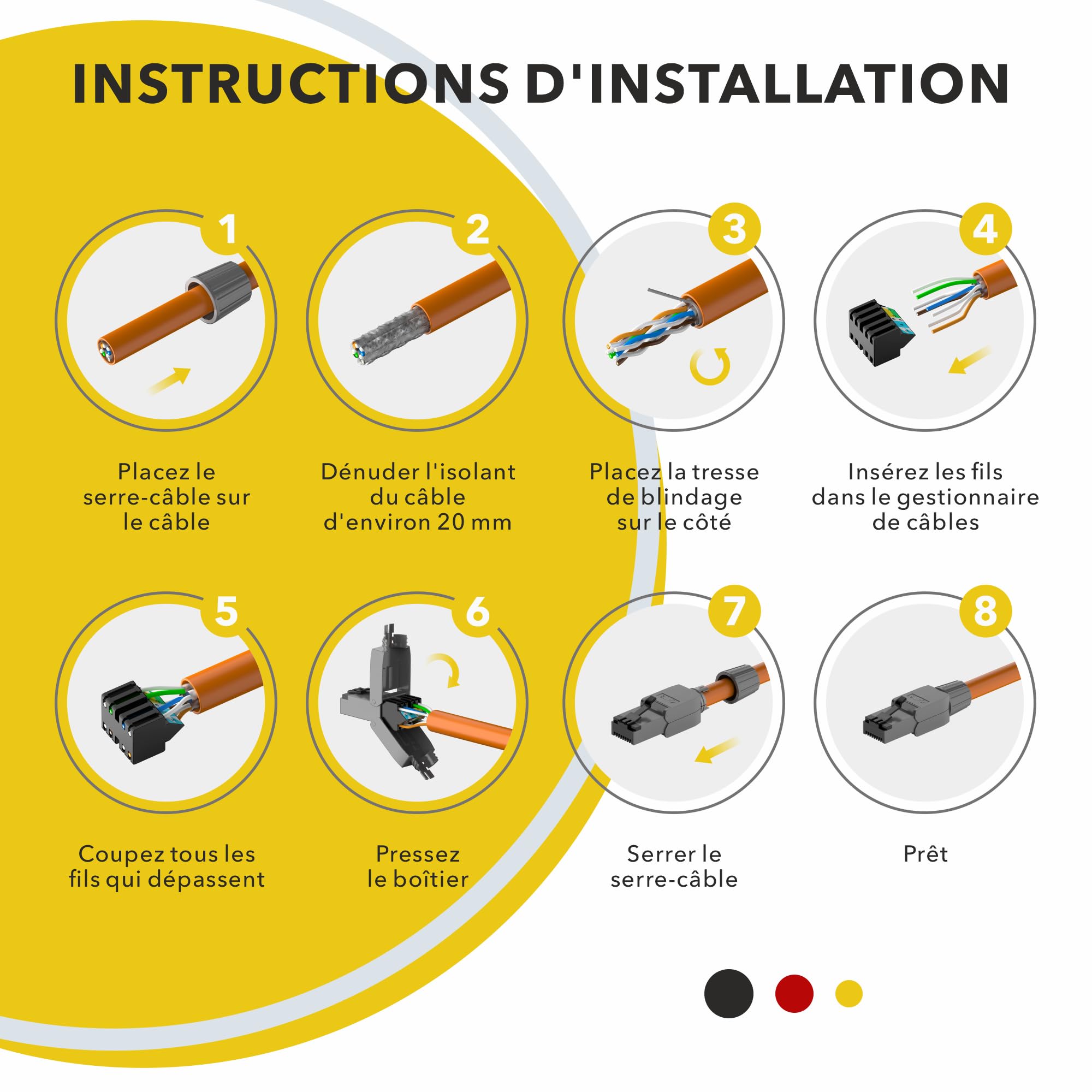 RedStar24 Connecteur RJ45 sans Outil CAT 7 CAT 8 Fiche Mâle Réseau 40Gbit/s 2000MHz Fiche à Sertir Blindée avec Connexion LSA pour câble ethernet CAT8 Cat7 Cat6a Cat6 8 pôles Plug | 4 pièces Noir