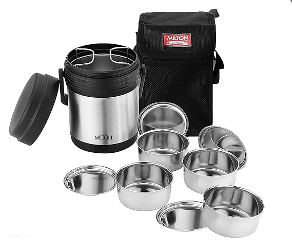 Milton Thermosteel Hot Meal Container Lunch Box, Set of 4,Black/Stainless Steel
