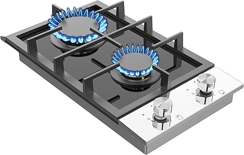 Homtone Placa de cocina de gas, 2 quemadores, estufa de gas integrada de 12 pulgadas, encimera de gas de vidrio templado, convertible, NGLPG,