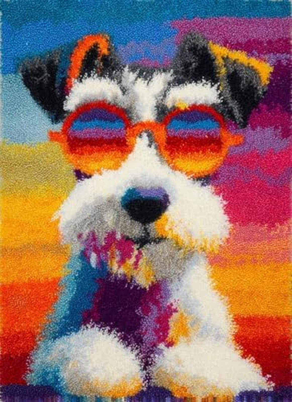 XDEGHUANGSS Latch Hook Rug Kit Fox Terrier Dog Puppy Wear Sunglasses Cushion Cover DIY Craft Set Pre-Printed Mat 38x52cm for Home Decor