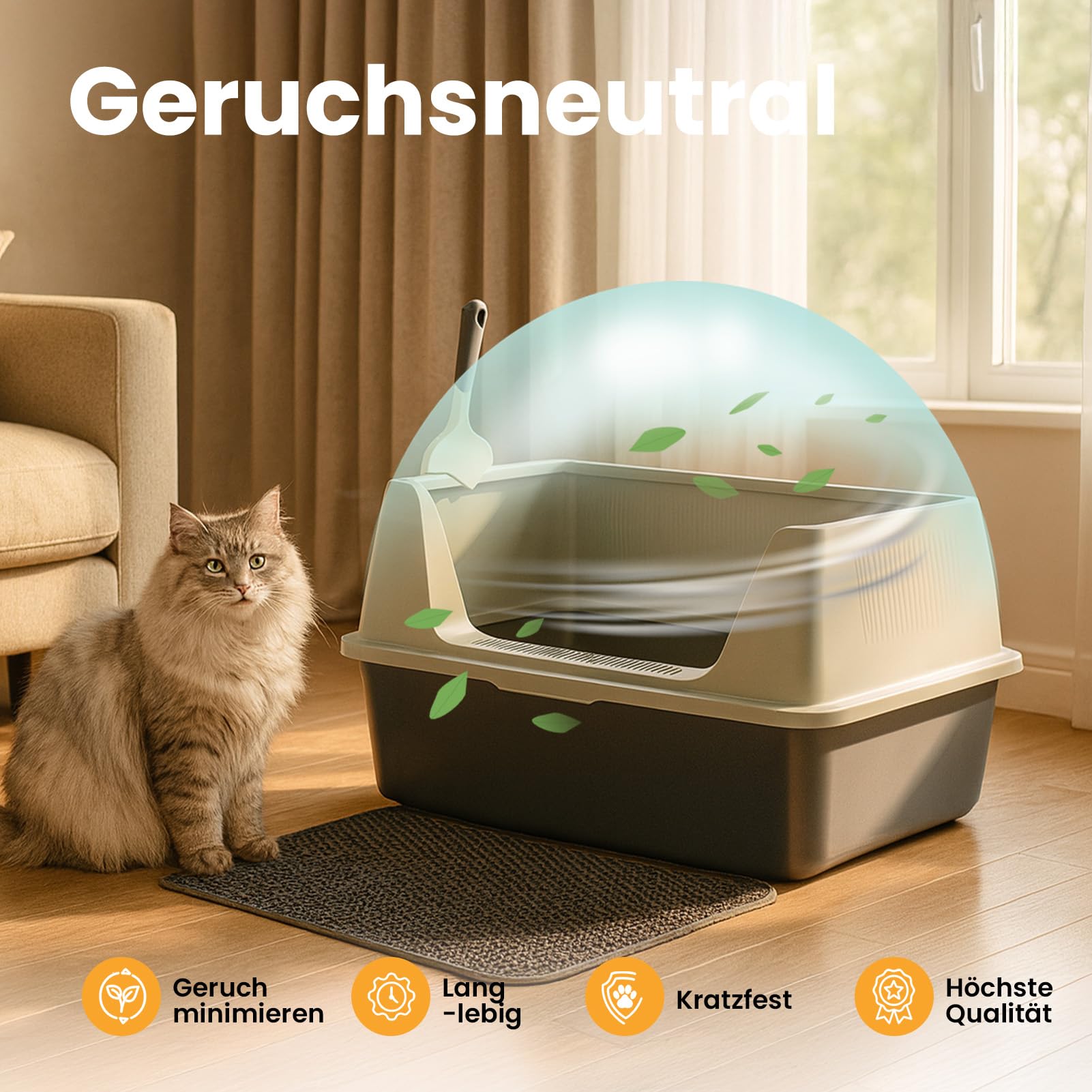Youyijia XXL Katzentoilette Edelstahl, großem Metall-Streubehälter, 30L Katzentoilette mit spritzwassergeschützt Deckel, Streumatte und Streuschaufel, große und mittelgroße Katzen, 59,5 x 39,5 x 30 cm