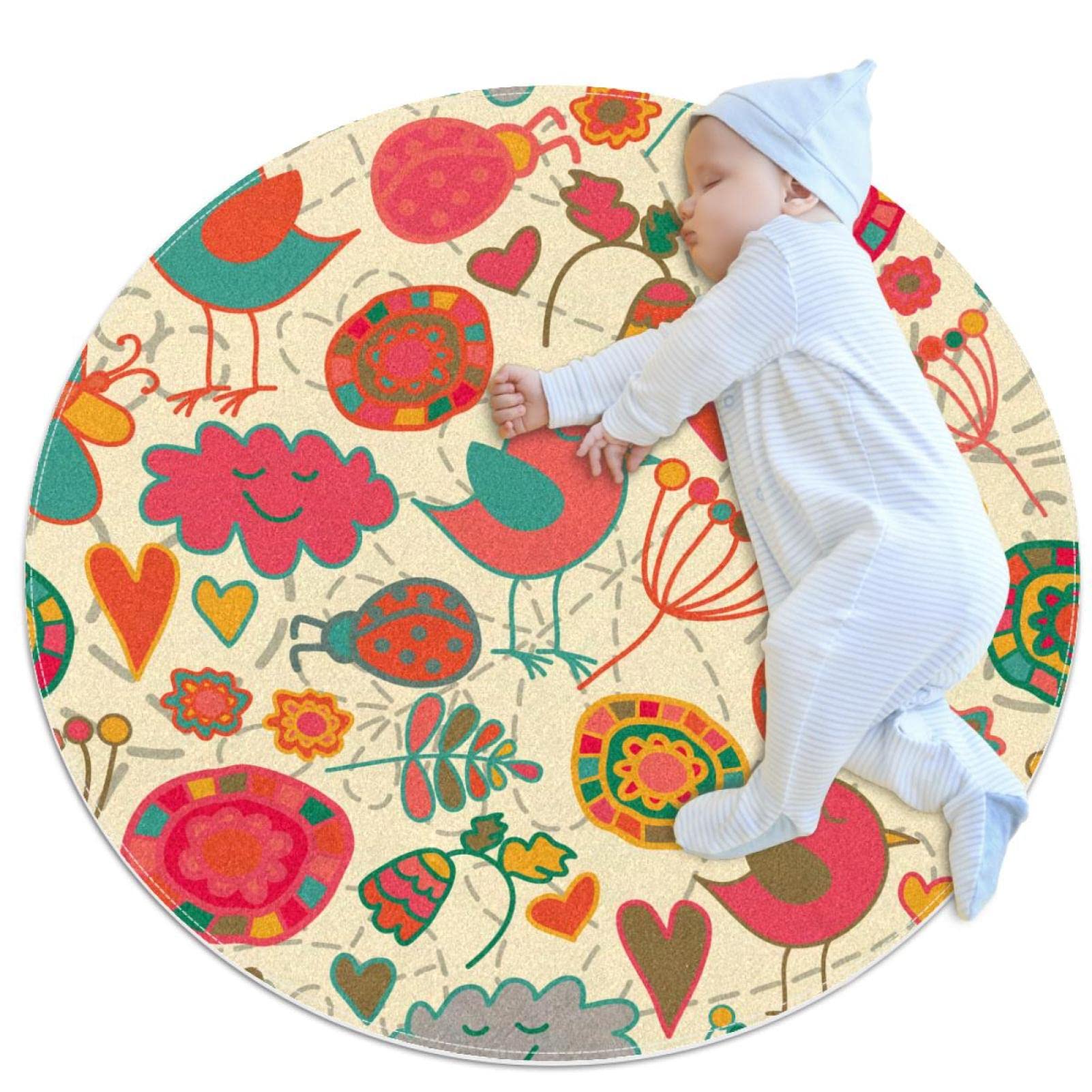 Tapis oiseaux floraux coccinelles JDEZ rond 80x80cm pour la chambre d'enfant