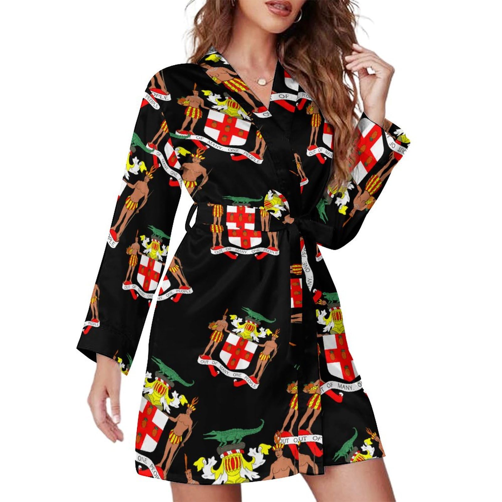 Kwqdozf Women's As Pic Coat Arms Of Jamaica Fashion Long Sleeve Nightgowns For Spa Bath Robe Attached Belt Knee Length Loungewear