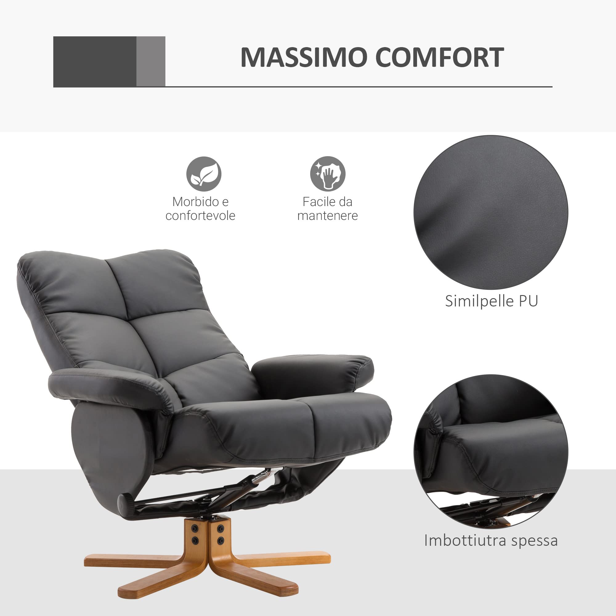 HOMCOM Poltrona Sedia Relax Reclinabile con Poggiapiedi in Pelle PU Nero