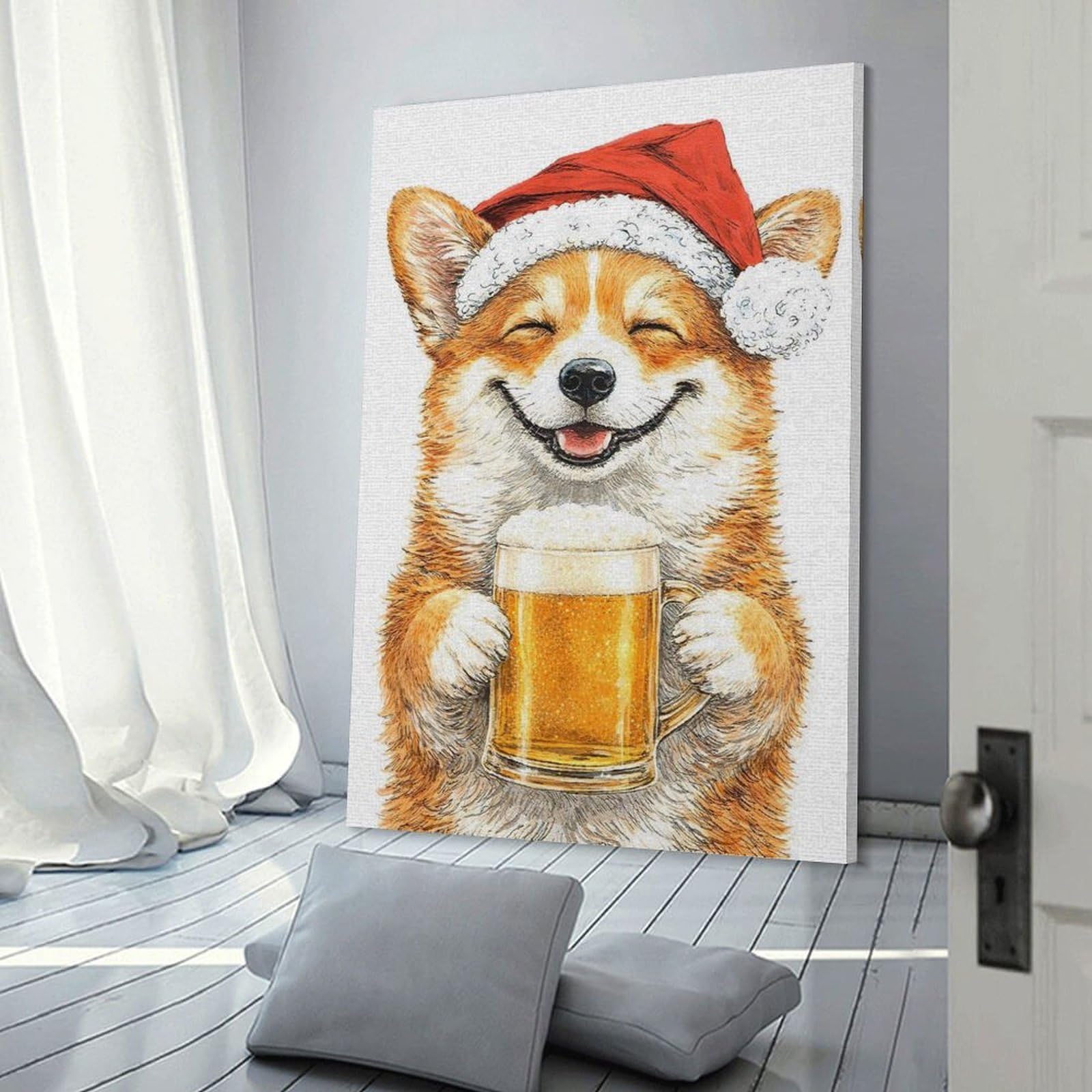 Junmoney Canvas Wall Decor Corgi in Santa Hat with Beer, 24x36inch(60x90cm), for Living Room, Bedroom, Office Or Hallway, Decorative Artwork with Broad Appeal