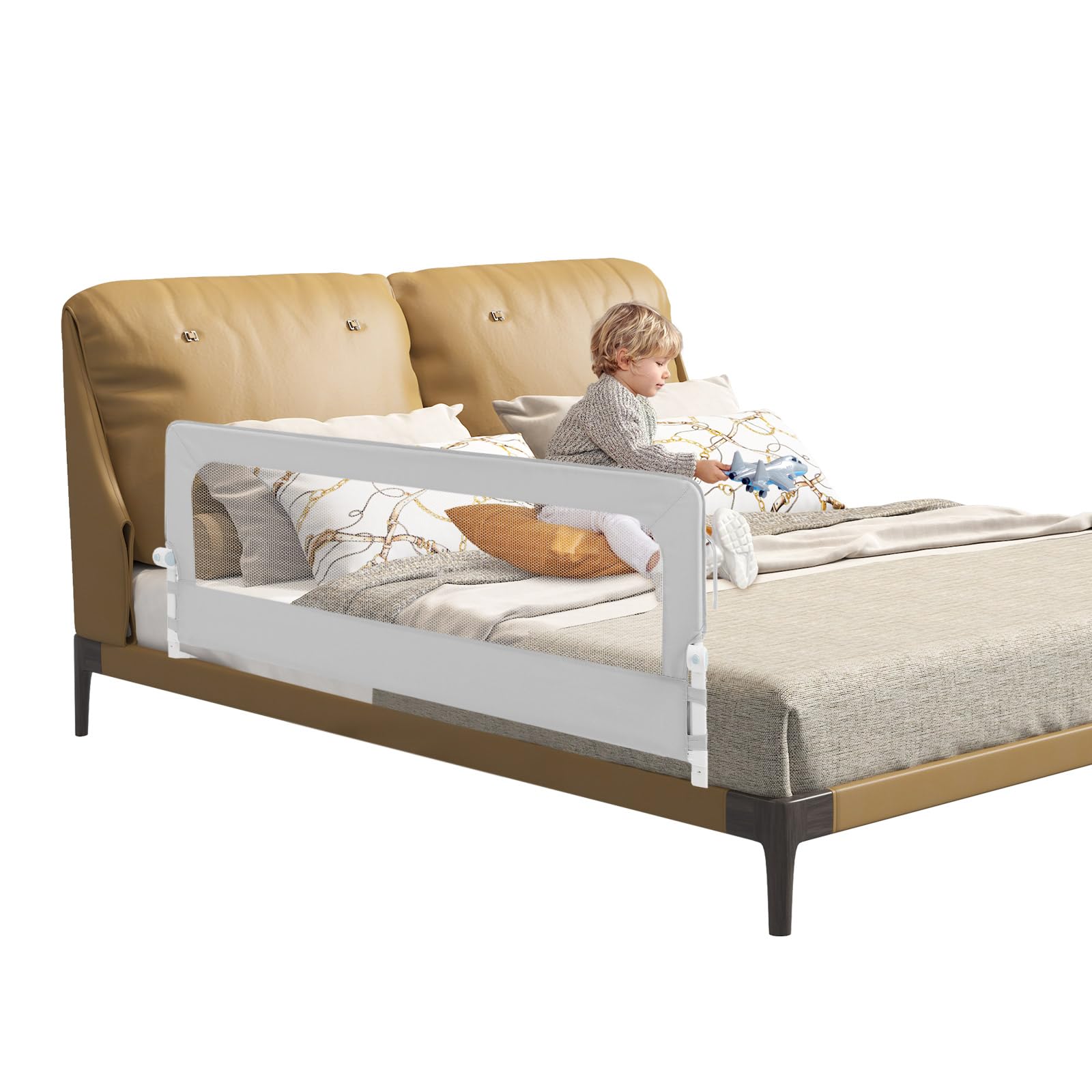 Griglia per lettino, regolabile, pieghevole, alta protezione dalle cadute per bambini, con rete traspirante, 150 x 60 cm, colore grigio