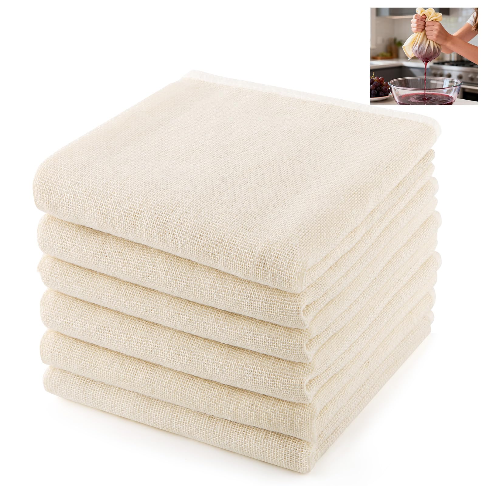6 Pcs Cheese Cloths for Straining, 50 x 50 cm Reusable and Washable Fine Muslin Cloths for Cooking, Grade 100 Unbleached Cotton Cheesecloth for Nut Milk, Butter, Baking & Cooking