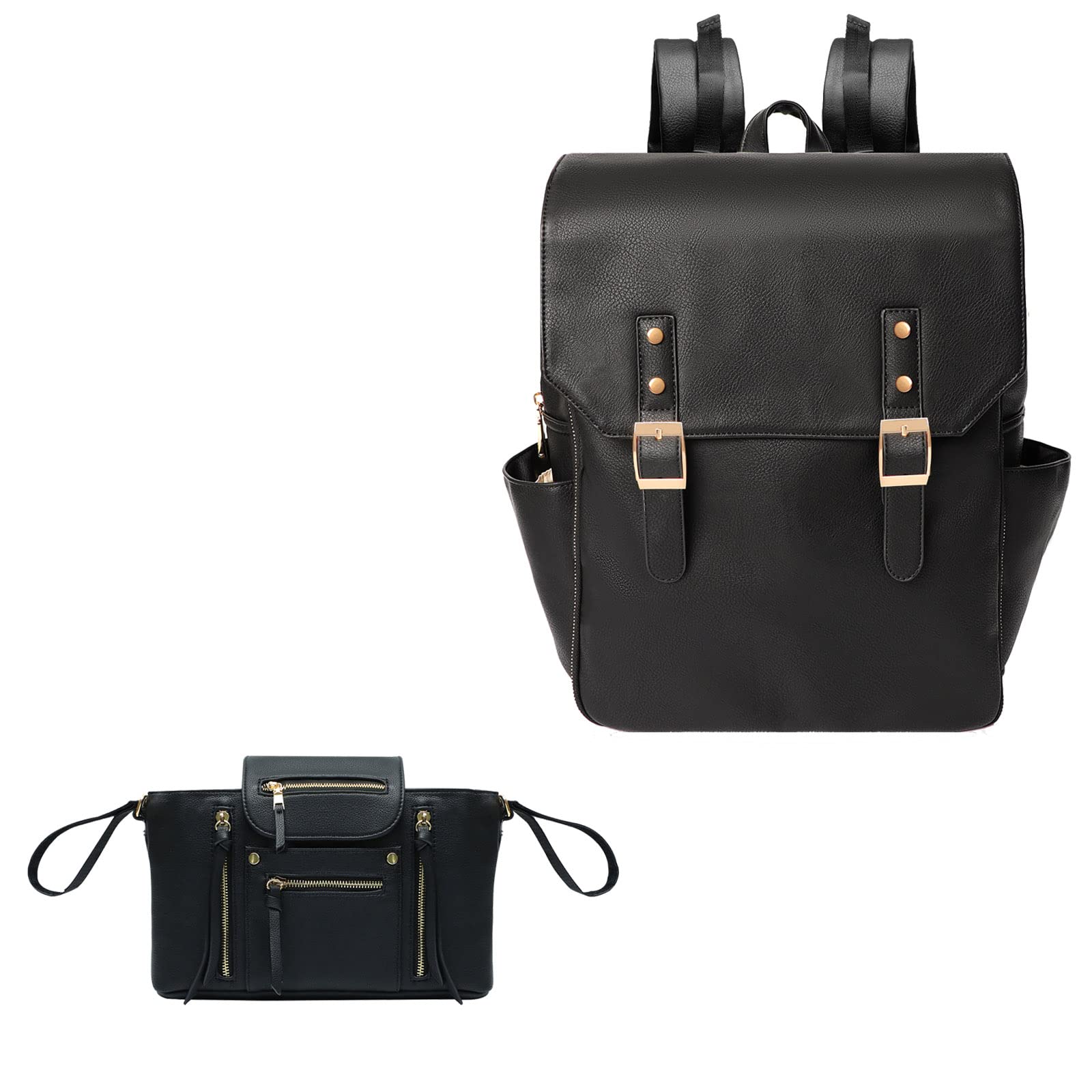 miss fong Leather Diaper Bag Backpack, Baby Diaper Bag with Changing Pad and Insulated Pockets with Stroller Organizer