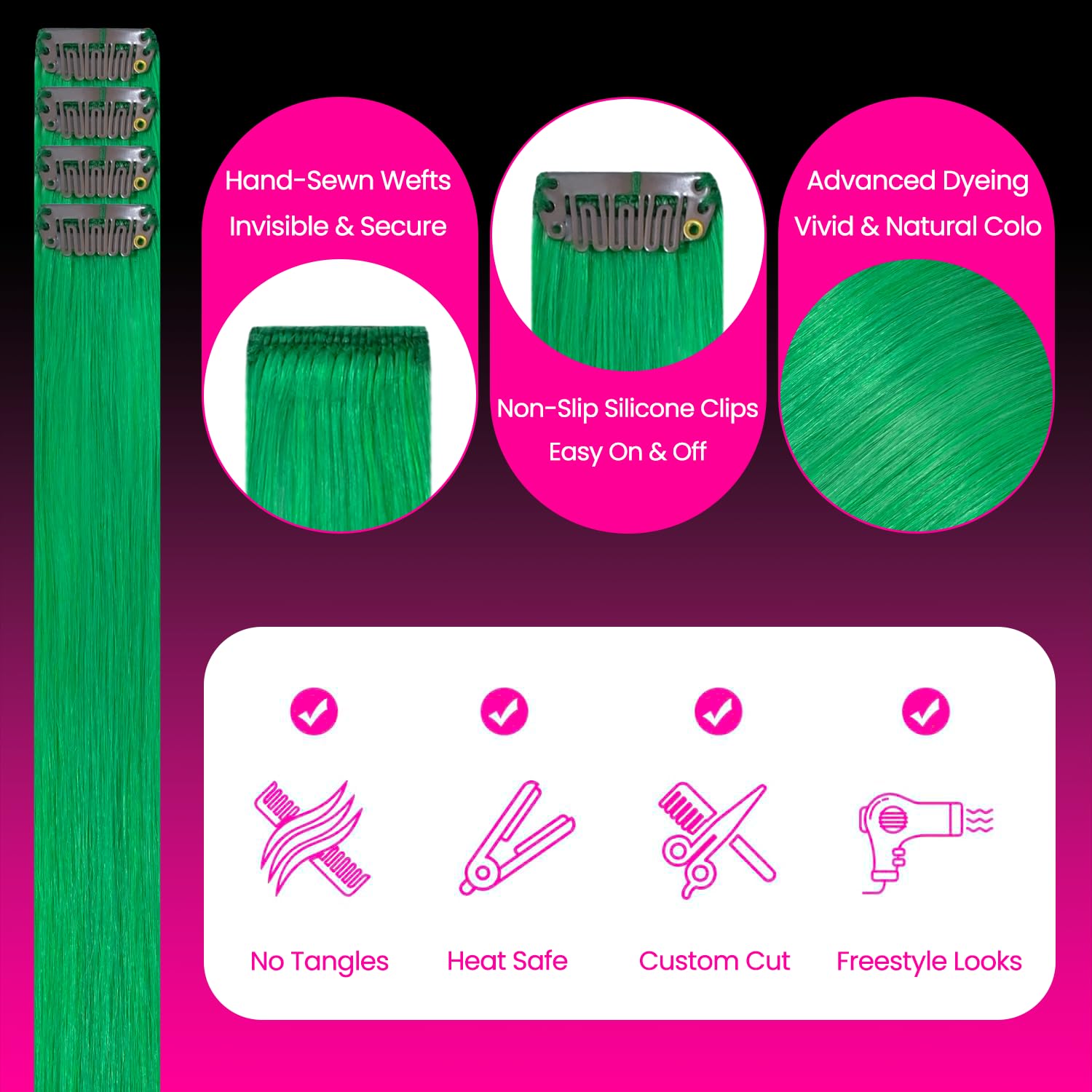 SWANNA 20” Green Human Hair Clip-In Extensions – Earloop & Highlight Streaks, 4PCS, 100% Real Hair, DIY Mix & Match for Creative Hair Looks