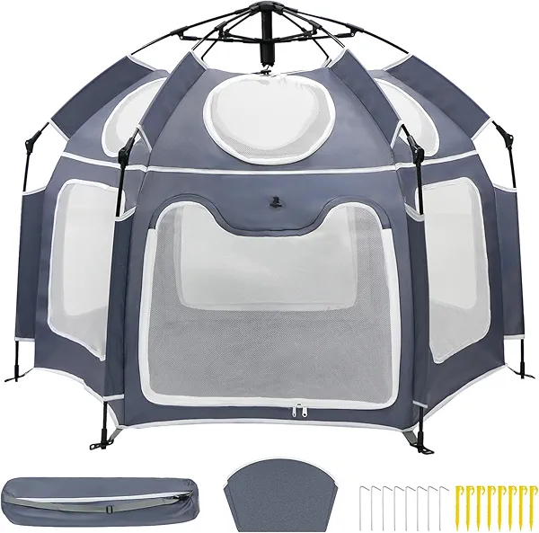Baby Playpen with UV Canopy, Portable 1-Click Set Up Baby Tent, Toddler Play Yard for Indoor, Outdoor, Foldable Playpen for Beach, Camping, Home, Lightweight Versatile Kids Tent, with Travel Bag