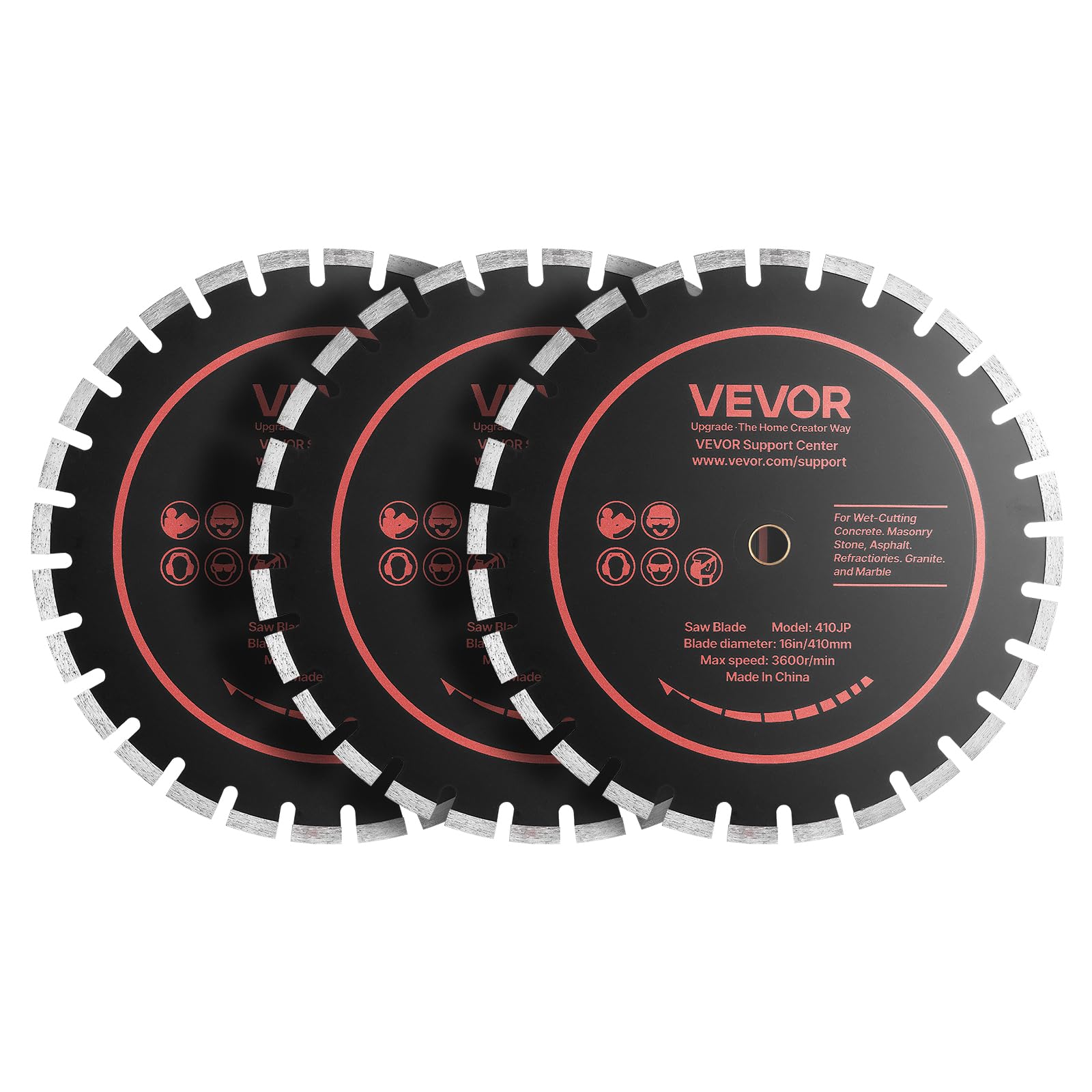VEVOR 3 Stk. Diamanttrennscheiben 410mm, Diamant-Sägeblätter mit 25,4mm Bohrung & 12,5mm Segmenthöhe, Max. 3600 U/min Diamantscheiben für Trocken/Nass Schneiden, Trennscheibe für Beton Mauerwerk Stein