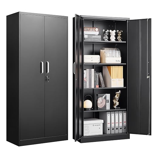 Metal Storage Cabinet with 5 Adjustable Shelves, Pantry Cabinet with 2 Doors, Lockable Garage Storage Cabinet, Tool Cabinet, File Storage Cabinets -71" Black