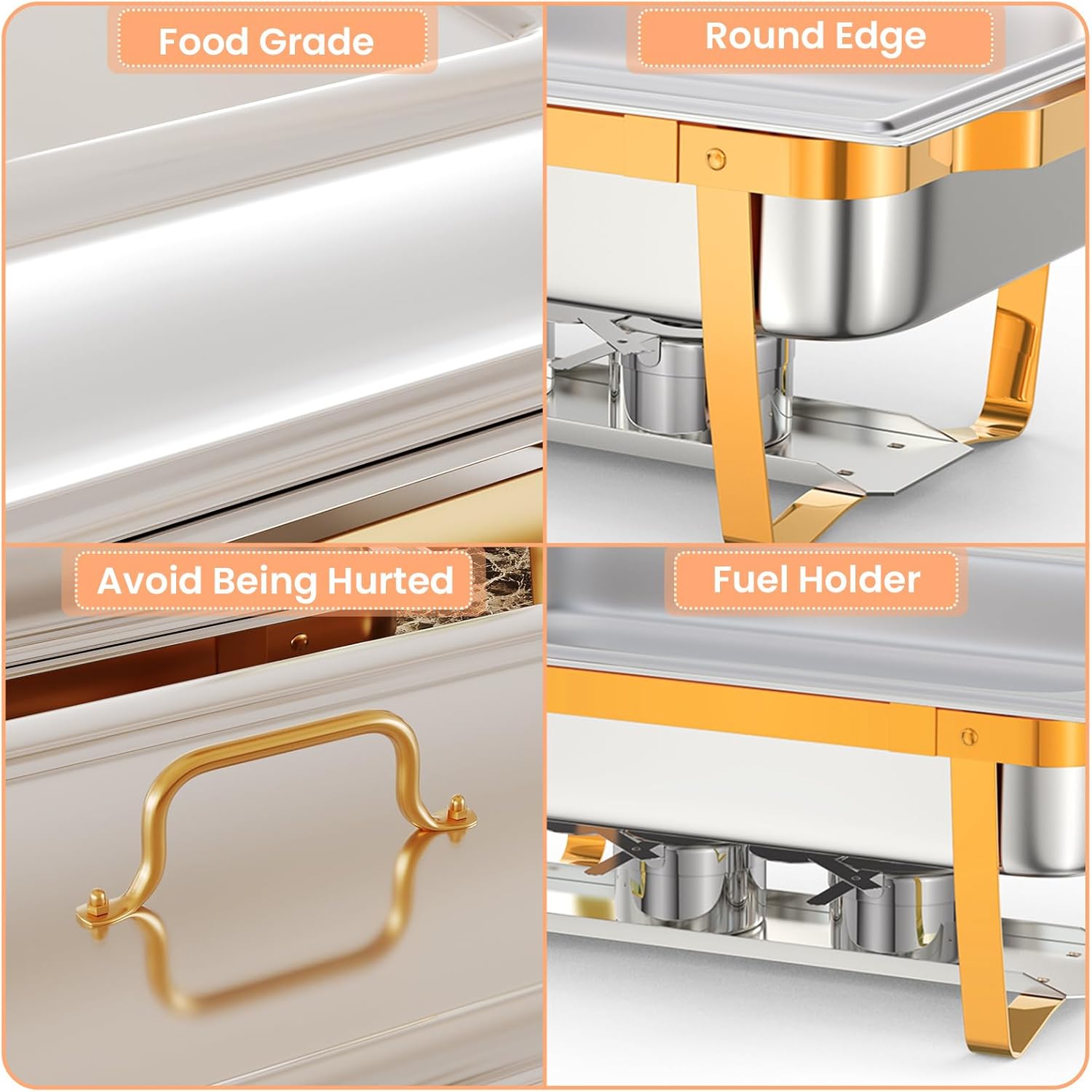 6 Pack 9.5QT Stainless Steel Chafing Dish Buffet Set w/Lid Holder, Spoon, Tweezers - for Catering, Weddings, Parties, Home Dining – Durable & Portable