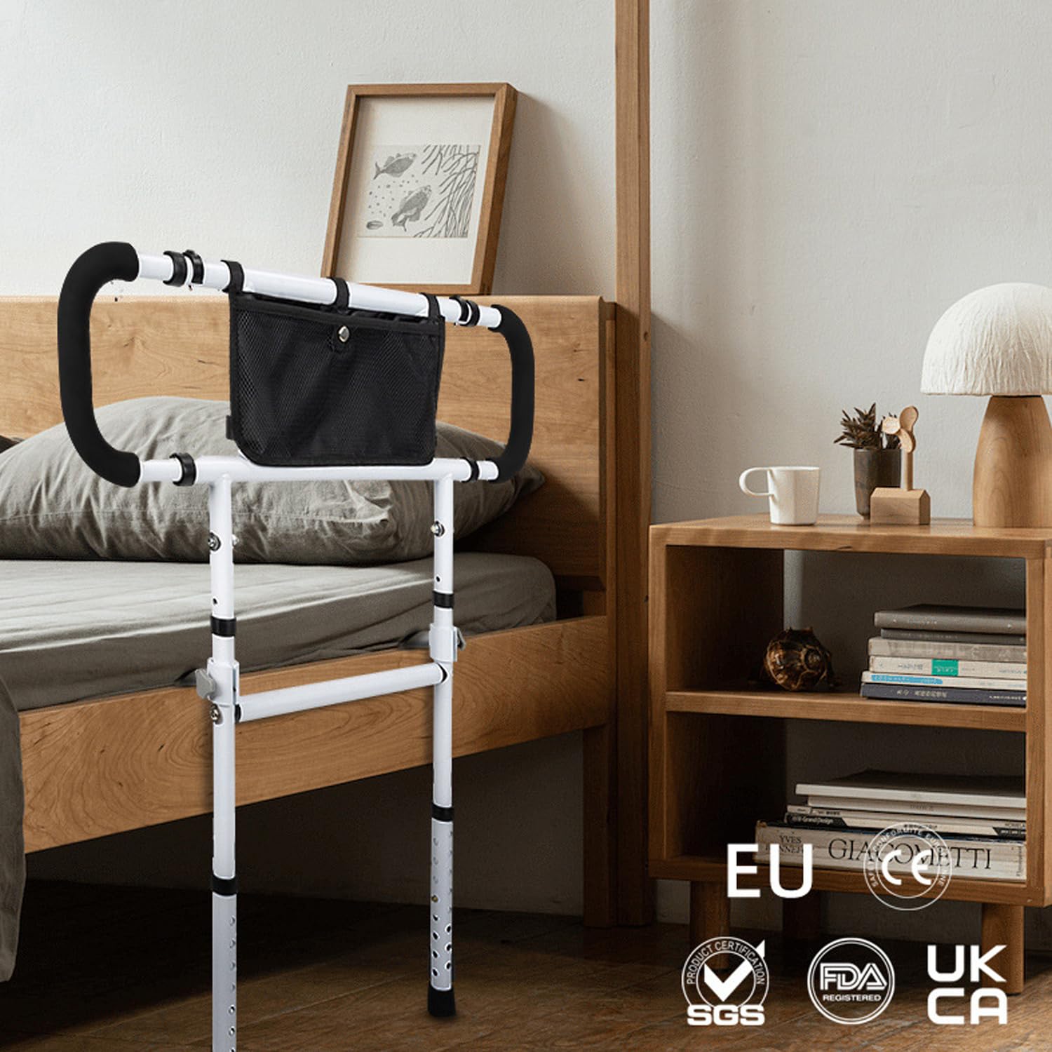 Barrera de cama para personas mayores, altura ajustable y plegable con asa, soporta hasta 180 kg, barrera de protección de cama para adultos, para todas las camas, color blanco