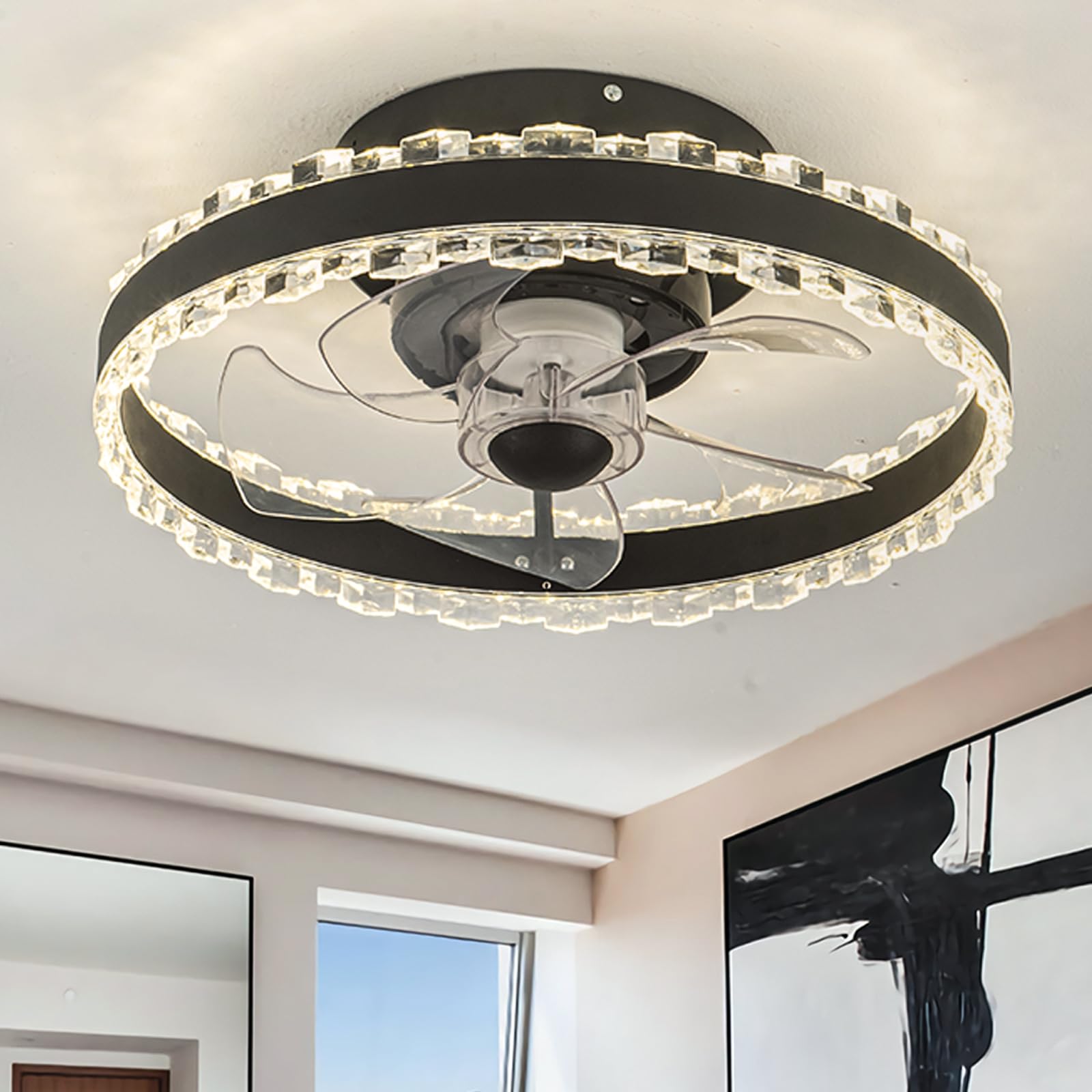 Bedroom Light Fan Ceiling Crystal LED Lampshade Memory Function Dimmable Modern Ceiling Fans with Lights DC Reversible Silent 6 Speed Ceiling Fan Lights with Remote Control Ceiling Fan Lamps-Black