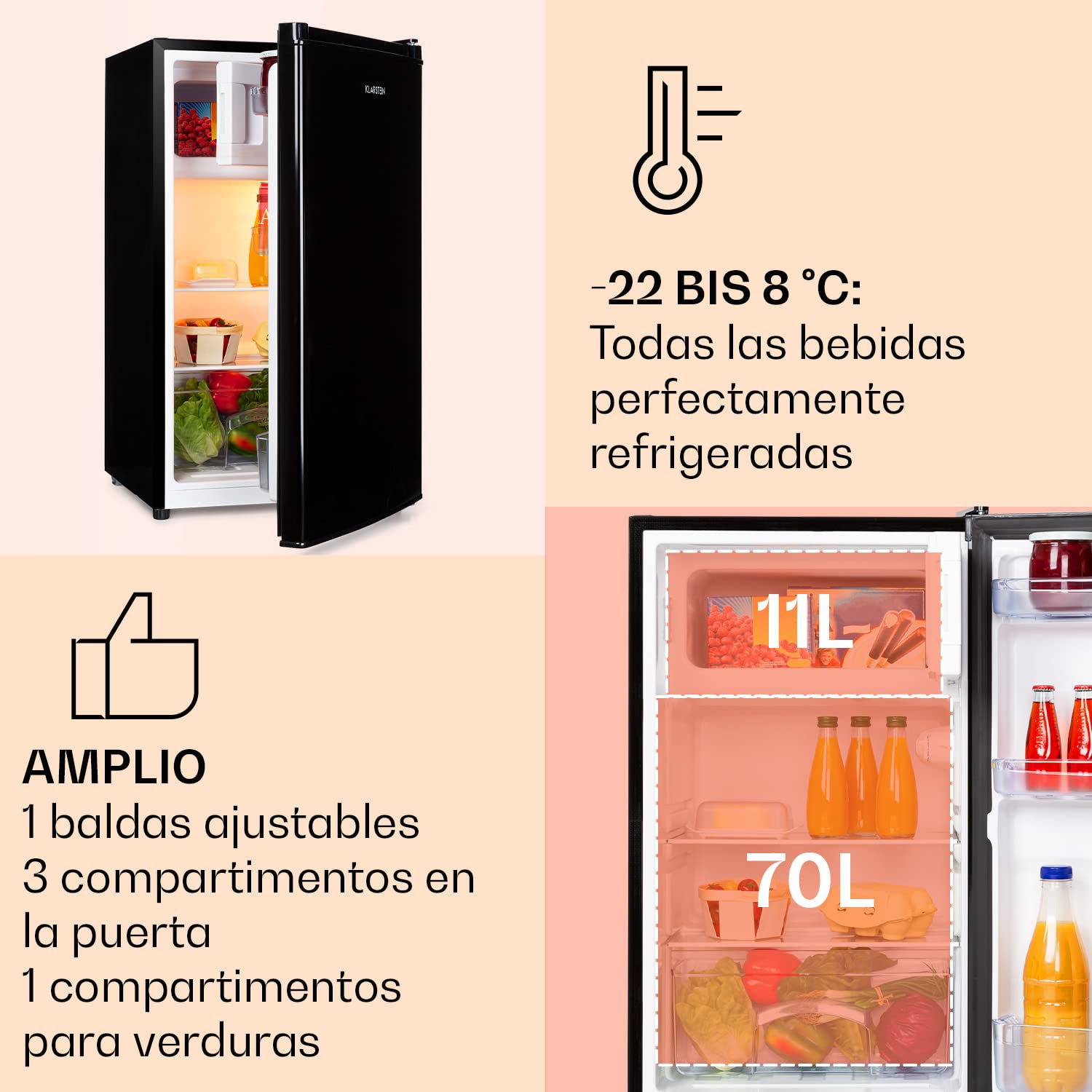 Klarstein Cool Cousin 2 en 1 Frigorífico-Congelador - Capacidad total 80 litros, frigo 69 litros, co
