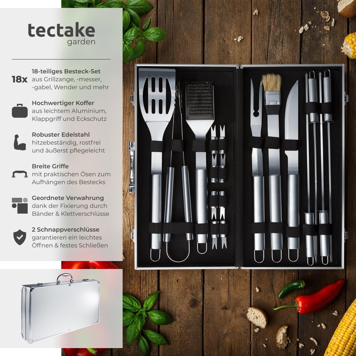 tectake® 18-TLG. Edelstahl Grillbesteck im Aluminium Koffer, Grillzubehör für Kugelgrill, Smoker, Kohlegrill, im Garten, beim Camping, als Geschenke für Männer, inkl. Fleischgabel, für Schaschlikgrill