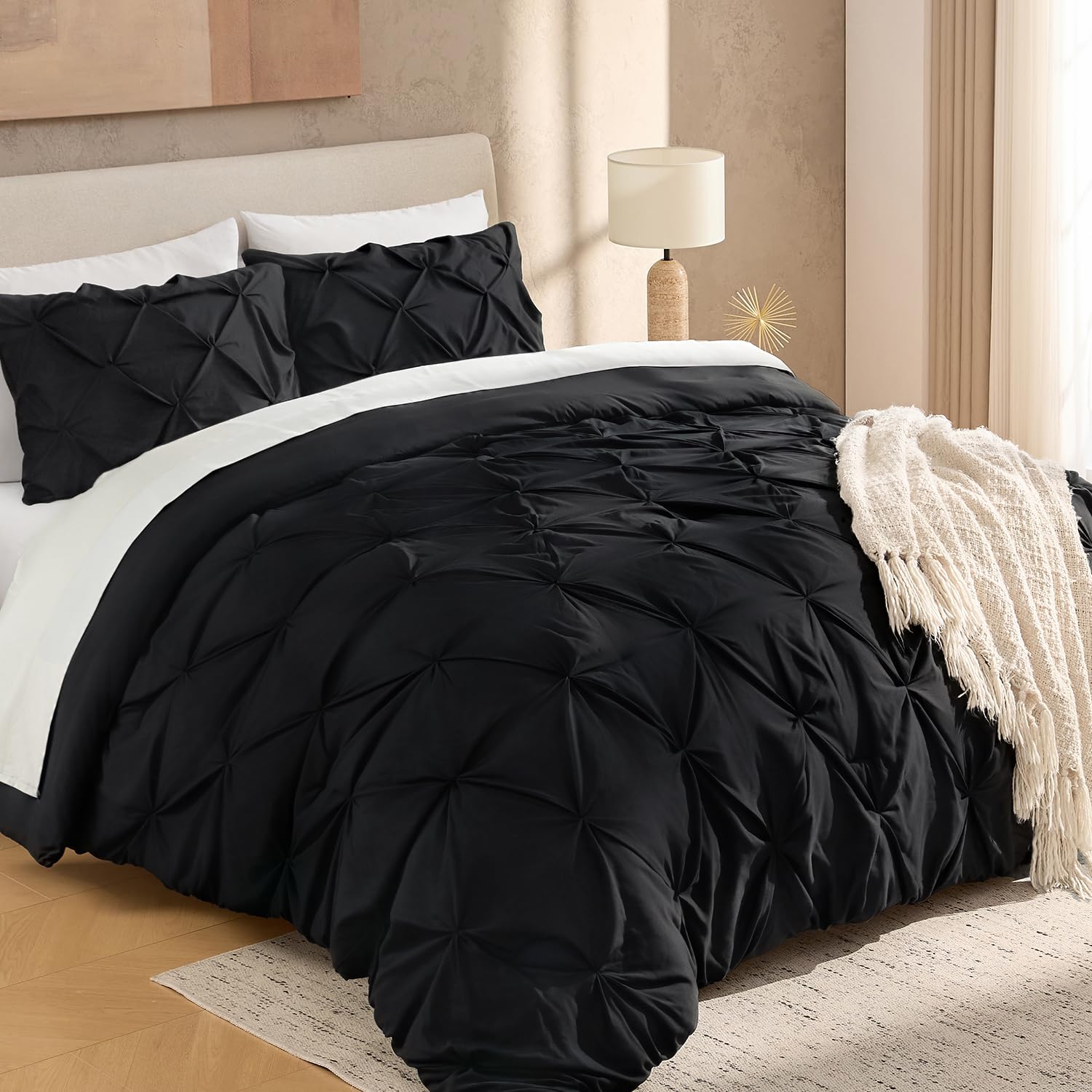 Andency Black King Size Comforter Set, 3 Pieces Boho Lightweight Pinch Pleat Comforter, Pintuck Solid Bedding Set & Collections, All Season Fluffy