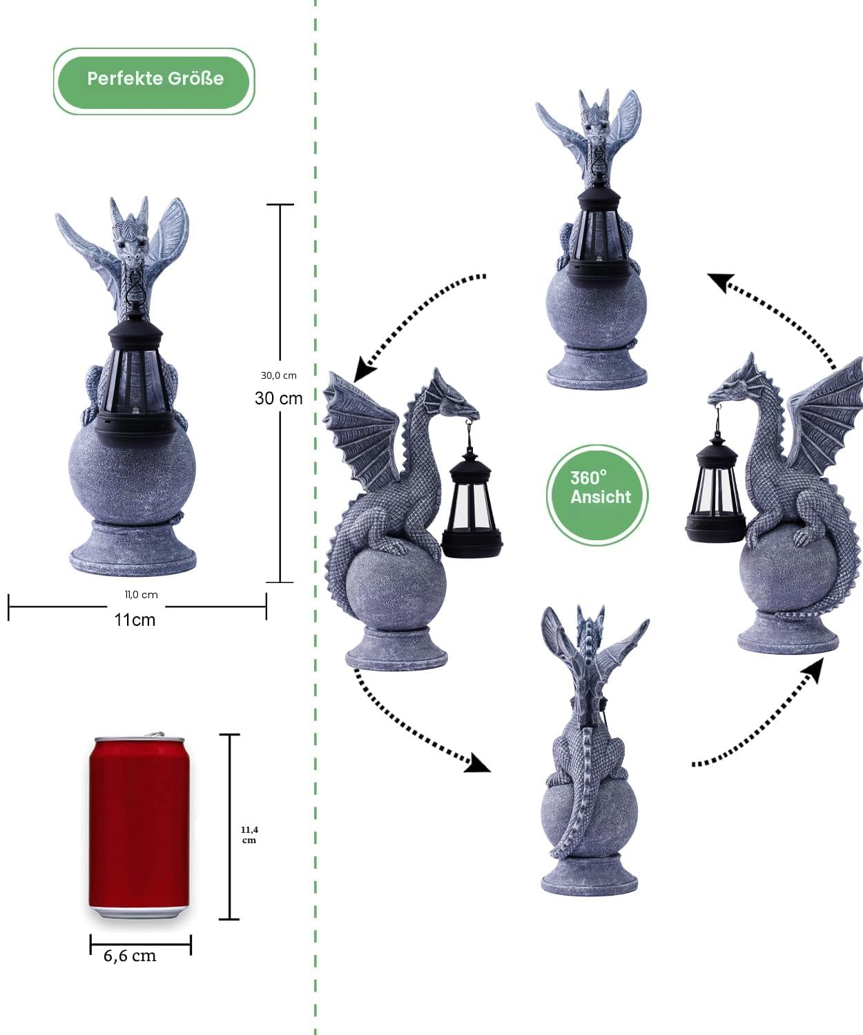 Goodeco Drachenstatue mit Solarlicht, Figur stehend auf Kugel, Rasendekoration, Outdoor-Statue für Terrasse, Balkon, Hof, einzigartiges Geschenk