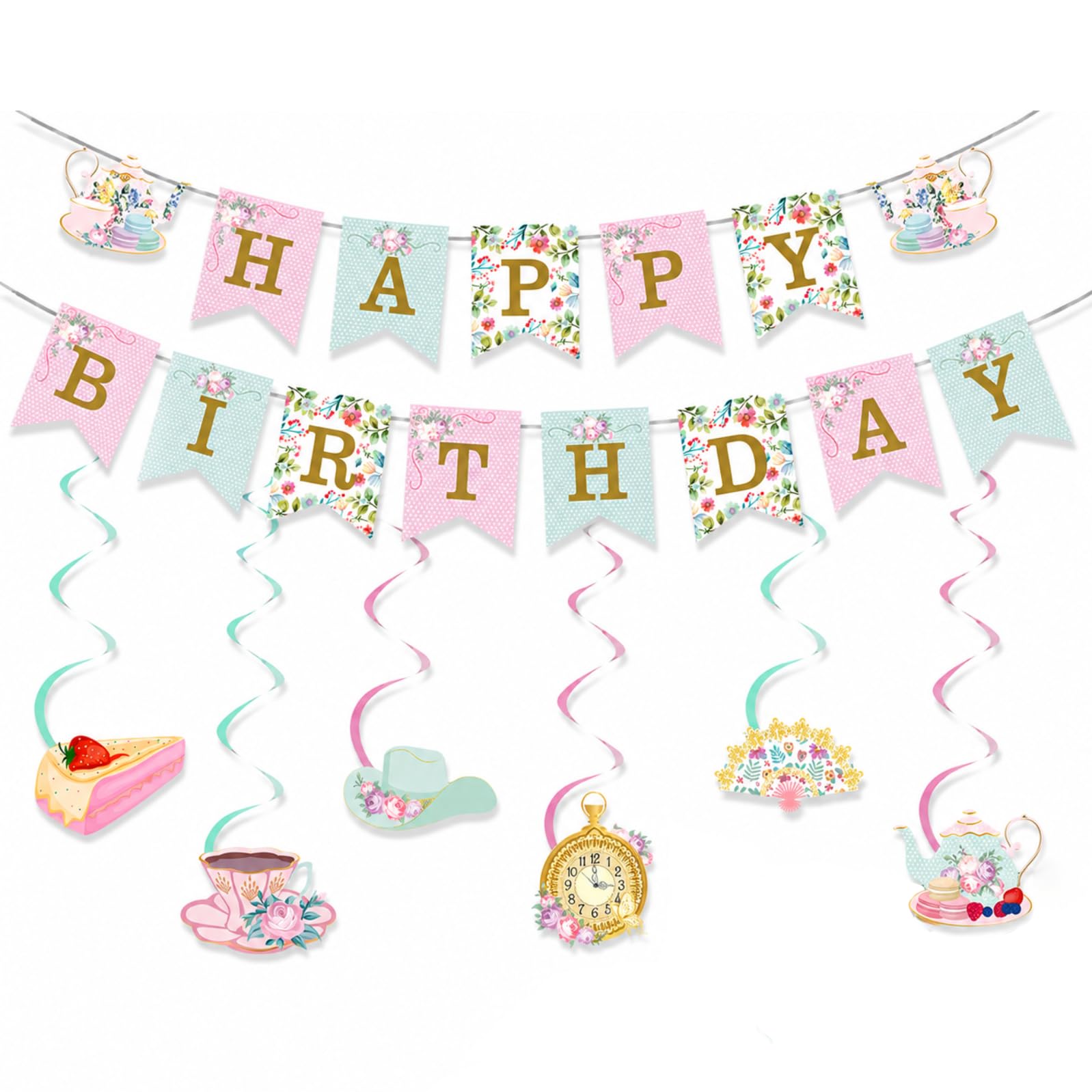 Happy Birthday Bunting Banner with 6 Hanging Swirls, Floral Tea Party Decoration Set for Afternoon Tea Garden Party Indoor Outdoor, Pastel Pink Mint