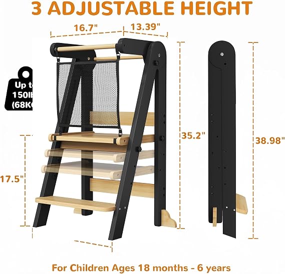 ROOMTEC Foldable Toddler Kitchen Tower, 3 Adjustable Height Wooden Step Stool, Toddler Standing Tower with Safety Net (Black)