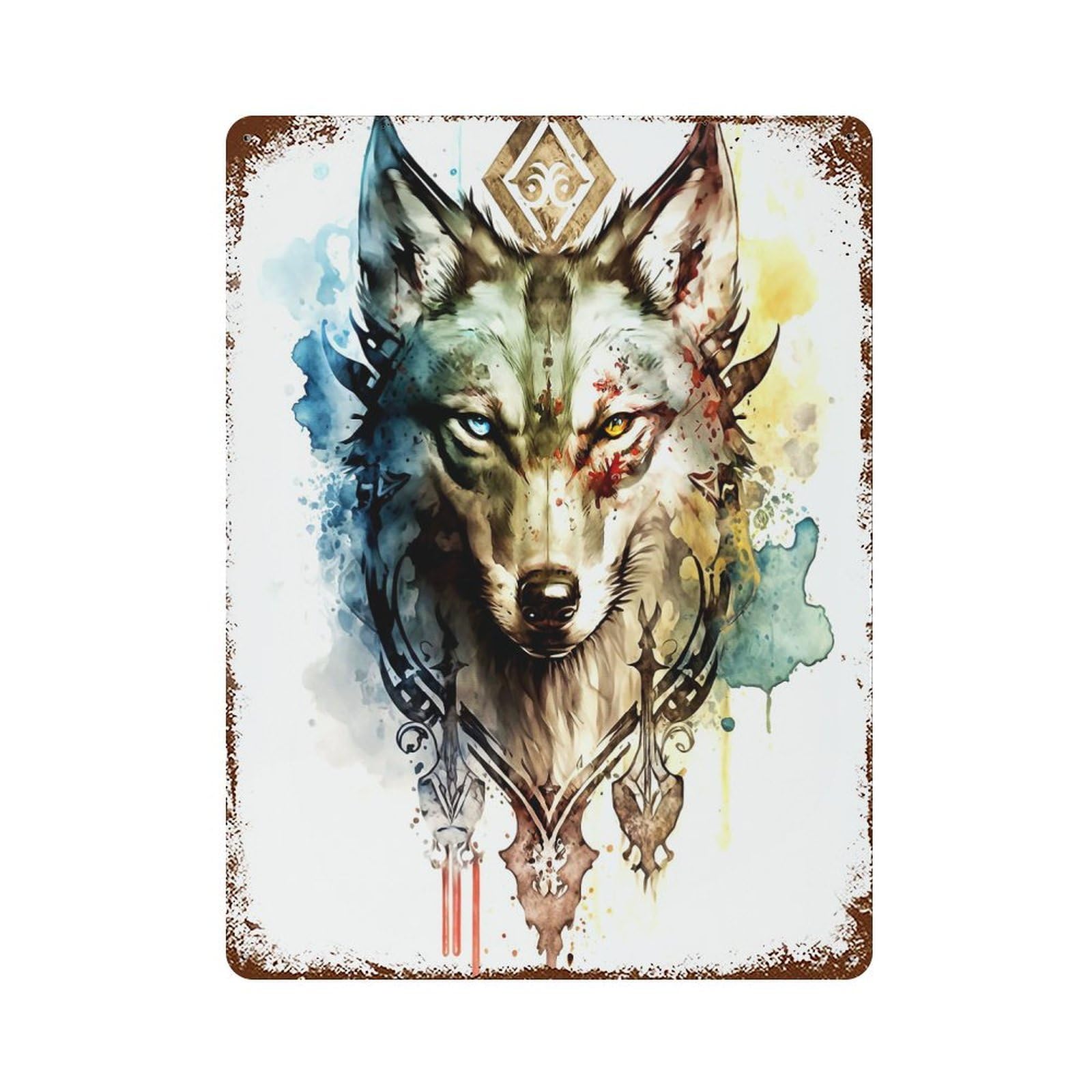 Garage Style Wolf Aged Metal Wall Plaque 15.7"x11.8", Novelty Wall Decor for Bar And Workshop