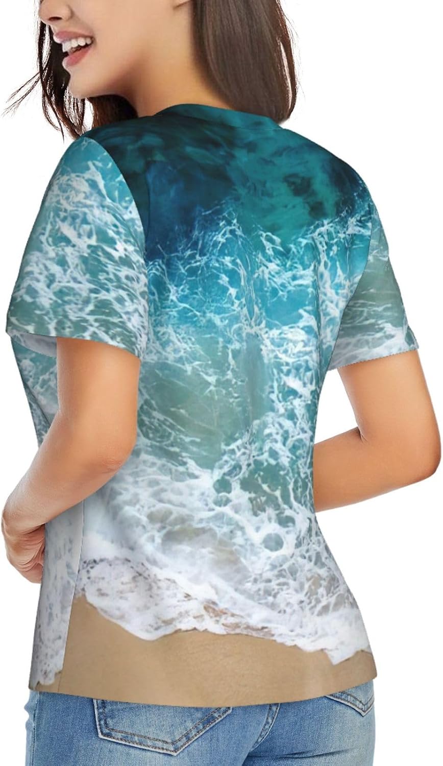 Women Casual Beautiful Ocean Waves Print V-Neck T-Shirt Short Sleeve Summer Trendy Tops.