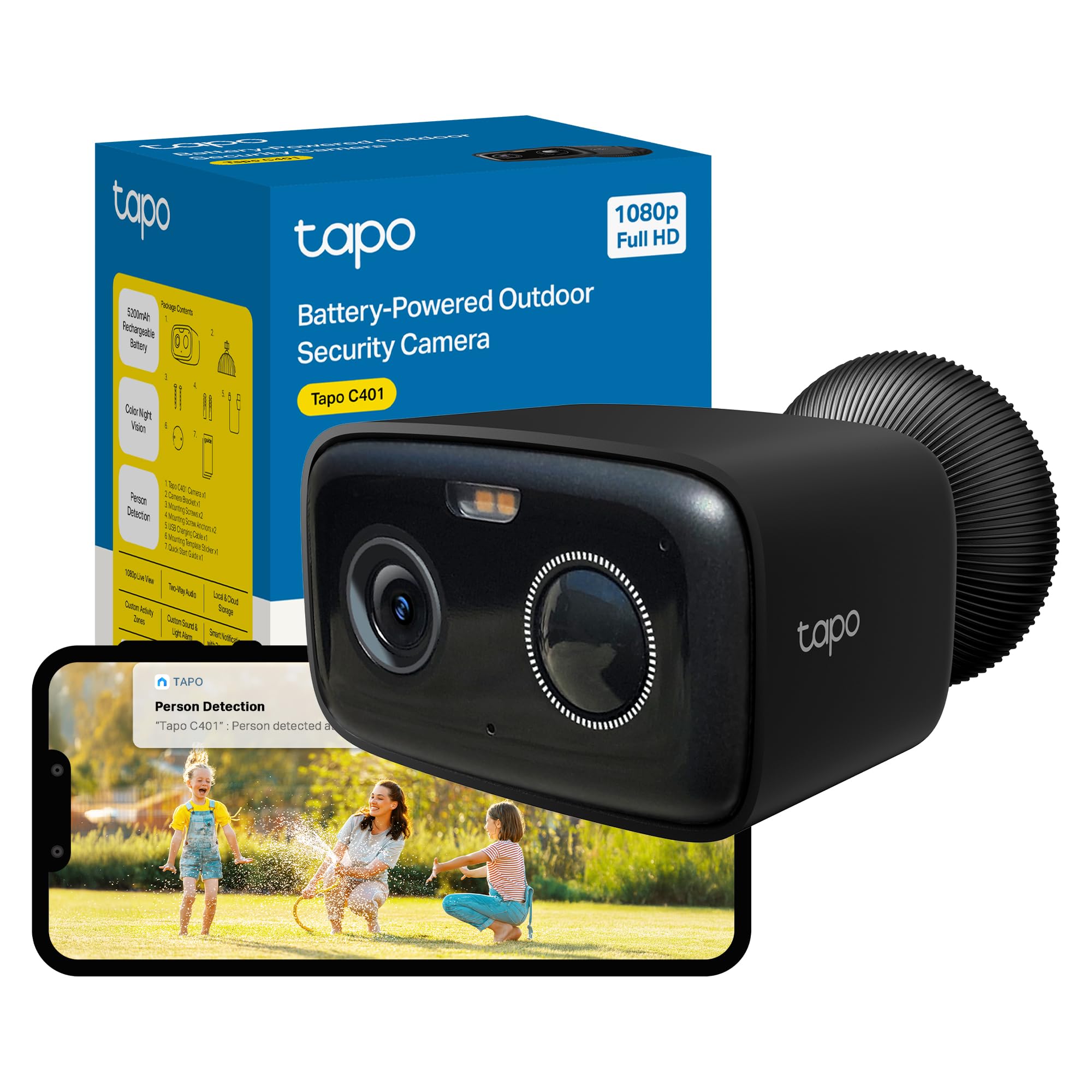 Tapo C401 2MP Security Camera Outdoor Wireless, Colour Night, Smart Tracking, Long Battery Life CCTV, IP65, No Hub, Alexa, Google Home, Flexible Storage, No Monthly Fee, Push Notification