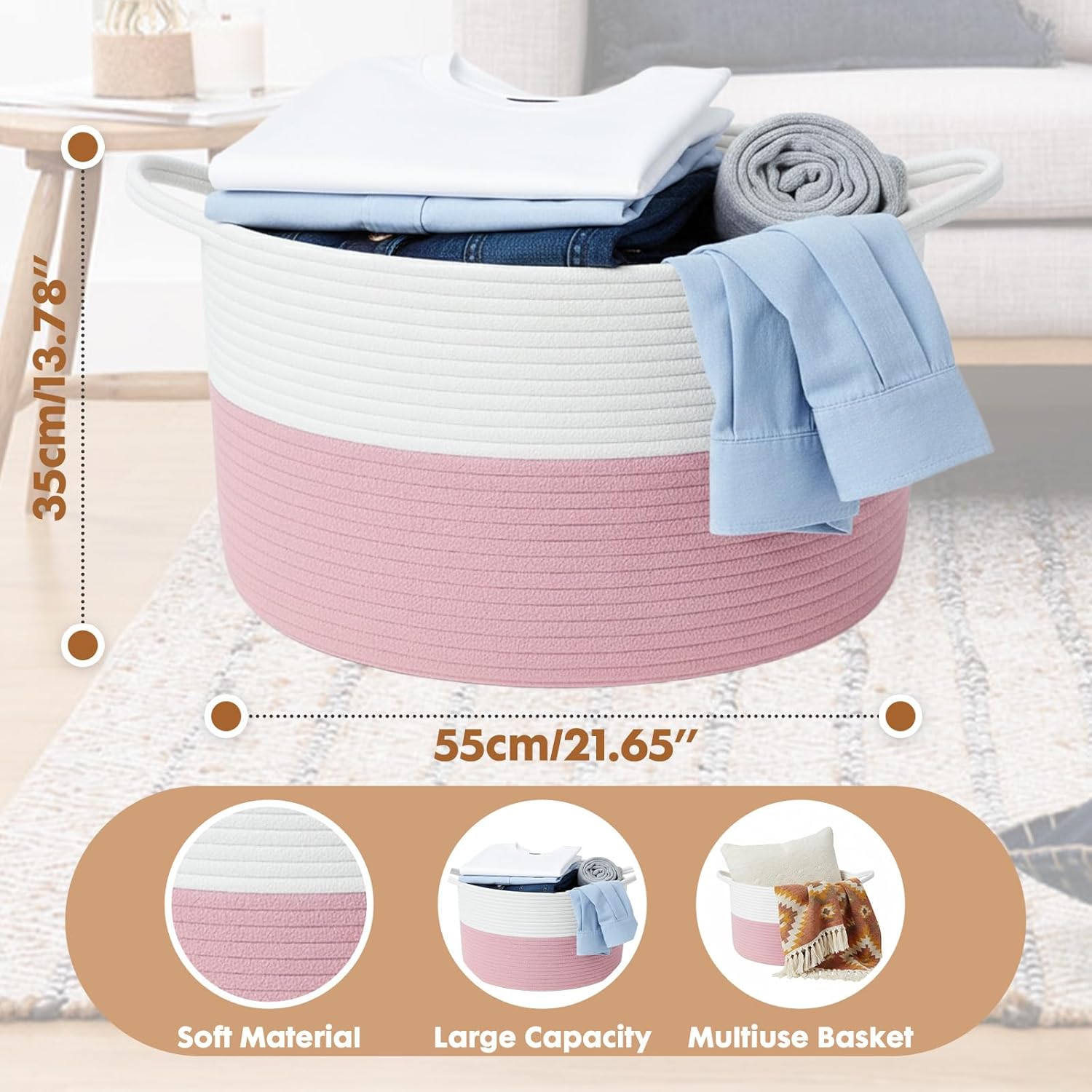 ShellKingdom Laundry Basket, Large Natural Rope Woven Storage Basket with Handles for Home, Living Room, Laundry, Storage Organizer for Blankets, Clothes, Toys, 13.78 x 21.65 INCH (2-Toned White Pink)