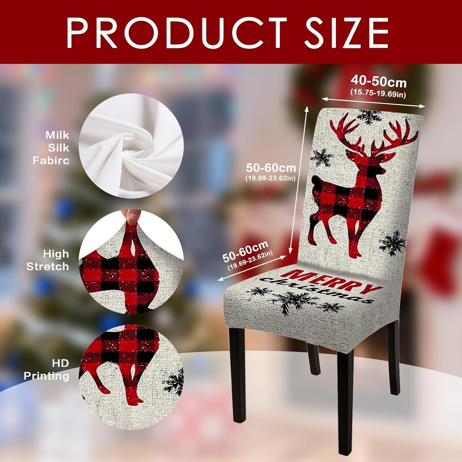 Nuxovilar Plaid Reindeer Christmas Chair Covers Stretch 23.6x70 Inches - Dining Chair Slipcovers Set of 6, Festive Xmas Decor for Home Kitchen Holiday Gatherings