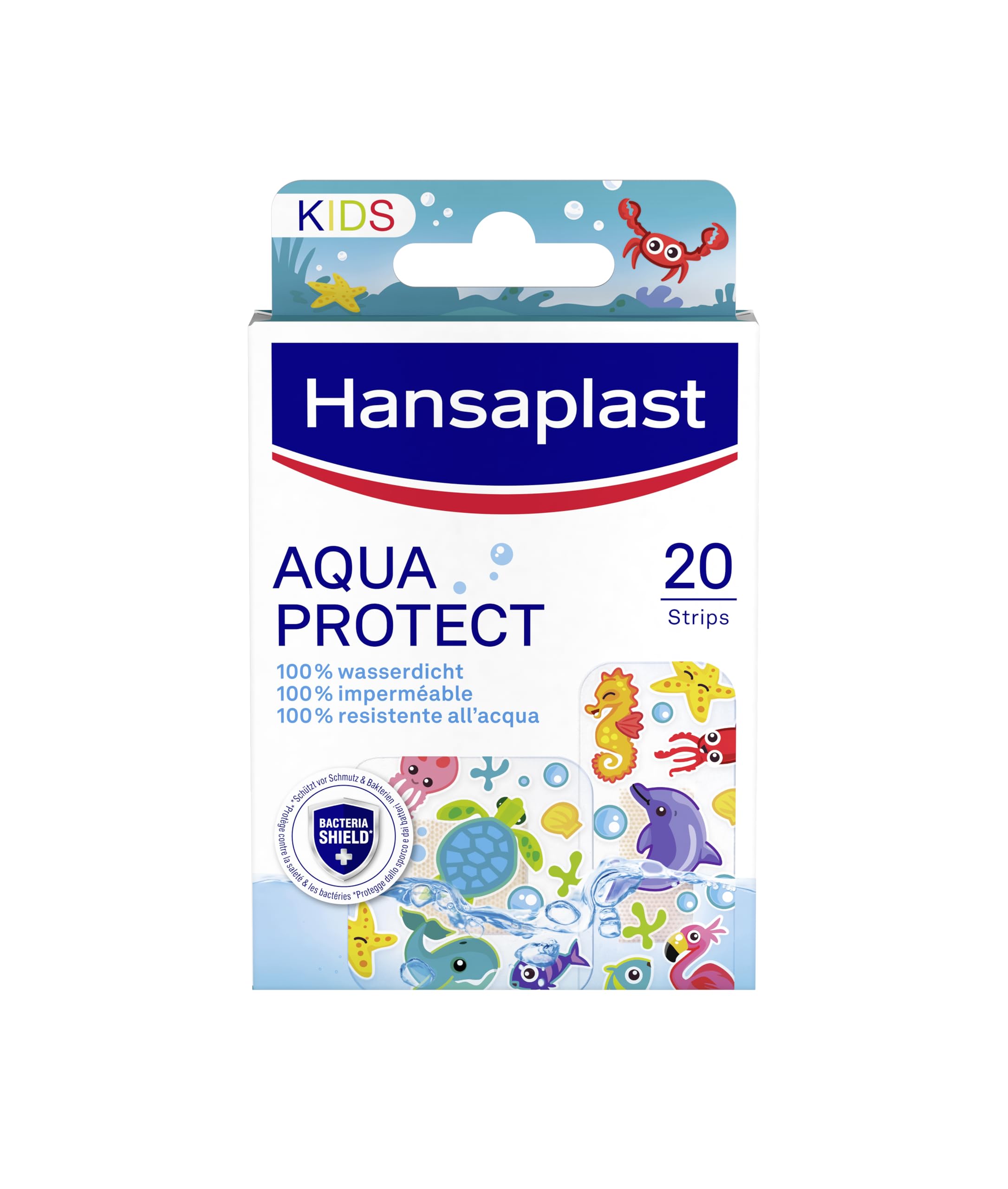 Hansaplast Cerotti Aqua Protect Kids, Cerotti bambini dal design colorato 100% resistenti all'acqua, Impermeabili per bagnetto, mare e piscina, 1 confezione da 20 pezzi in 2 formati
