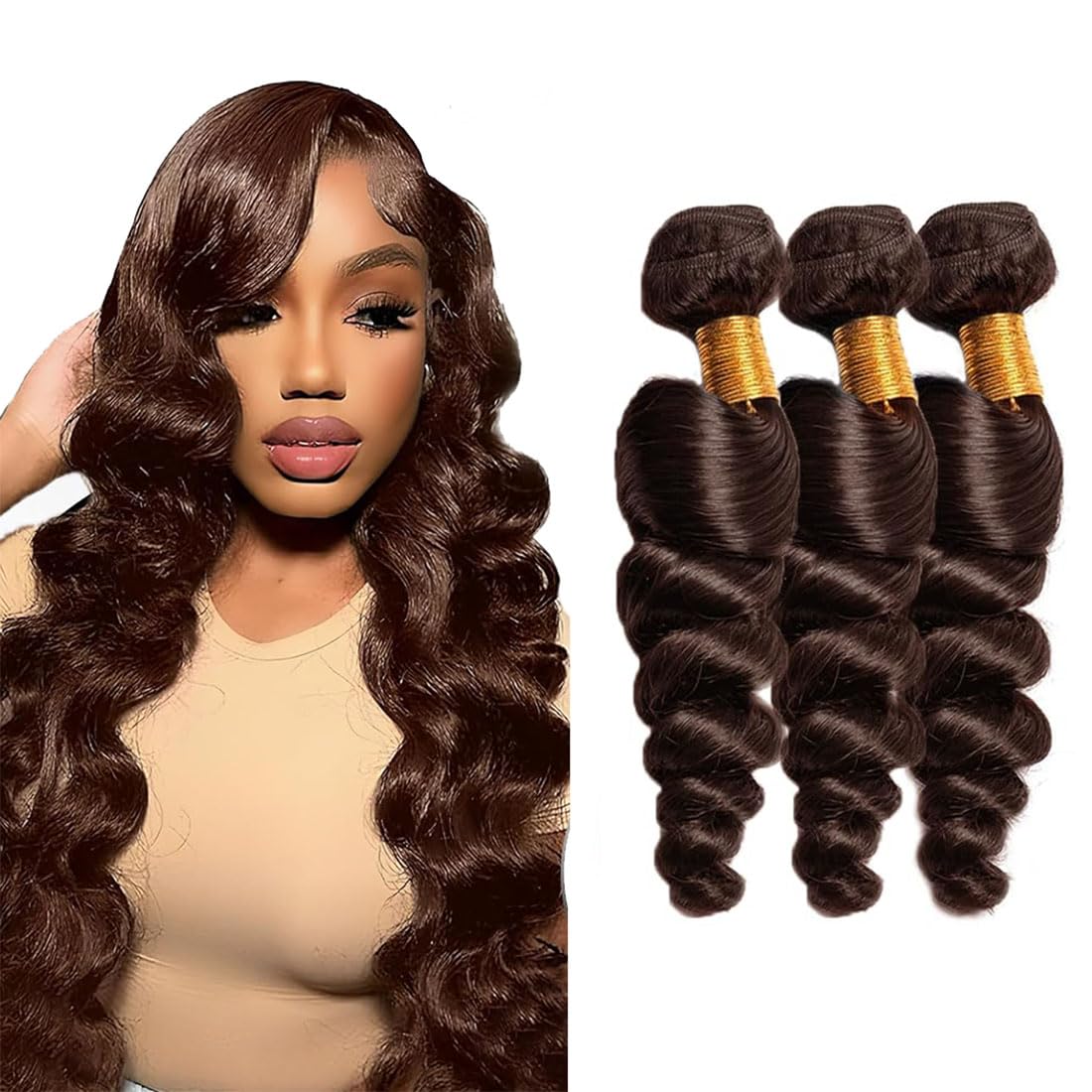 Human Hair Bundles Loose Deep Wave Capelli Veri Tessitura Unprocessed Remy Machine Weave Extensions Double Weft Color #4 Chocolate Brown 20 22 24 Inch