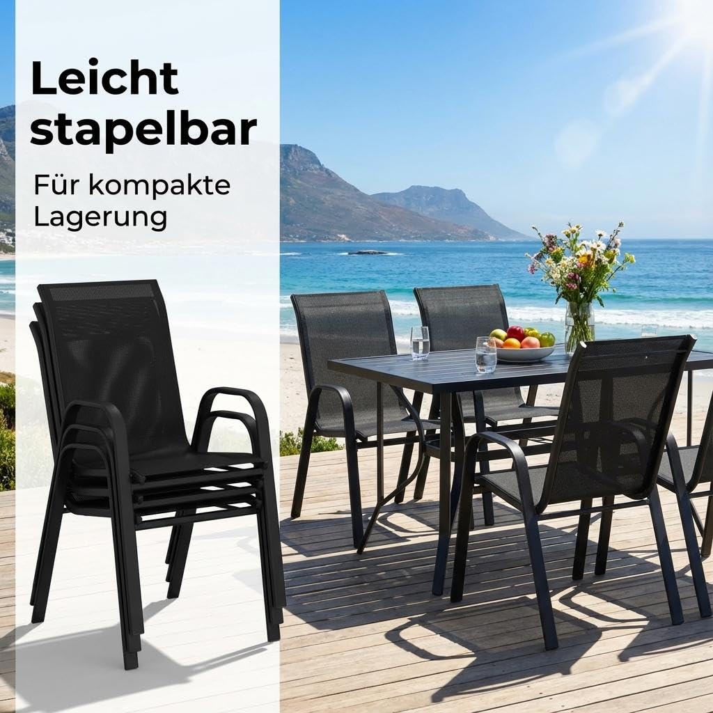 Gartenstühle Stapelbar Stapelstuhl, 4er Set Camping Stapelbar Hochlehner Terrassenstuhl Mit Textilene&Metallrahmen, Balkonstuhl Für Balkon, Garten Usw. 54x76x96cm(Schwarz)
