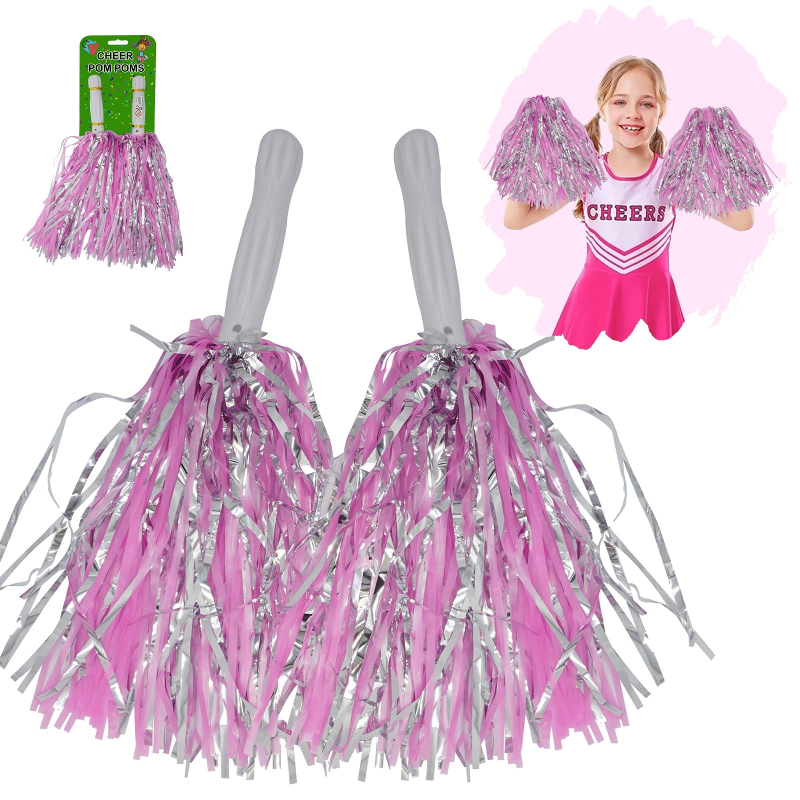 Hovuk 2Pcs- Pink/Silver Pom Pom 2-Pack Pink And Silver Cheerleading Pom Poms For Kids And Adults, 35Cm Cheerleader Poms For Dance, Sports Events, Party Decorations, School Spirit, Team Performances And Costume Accessories