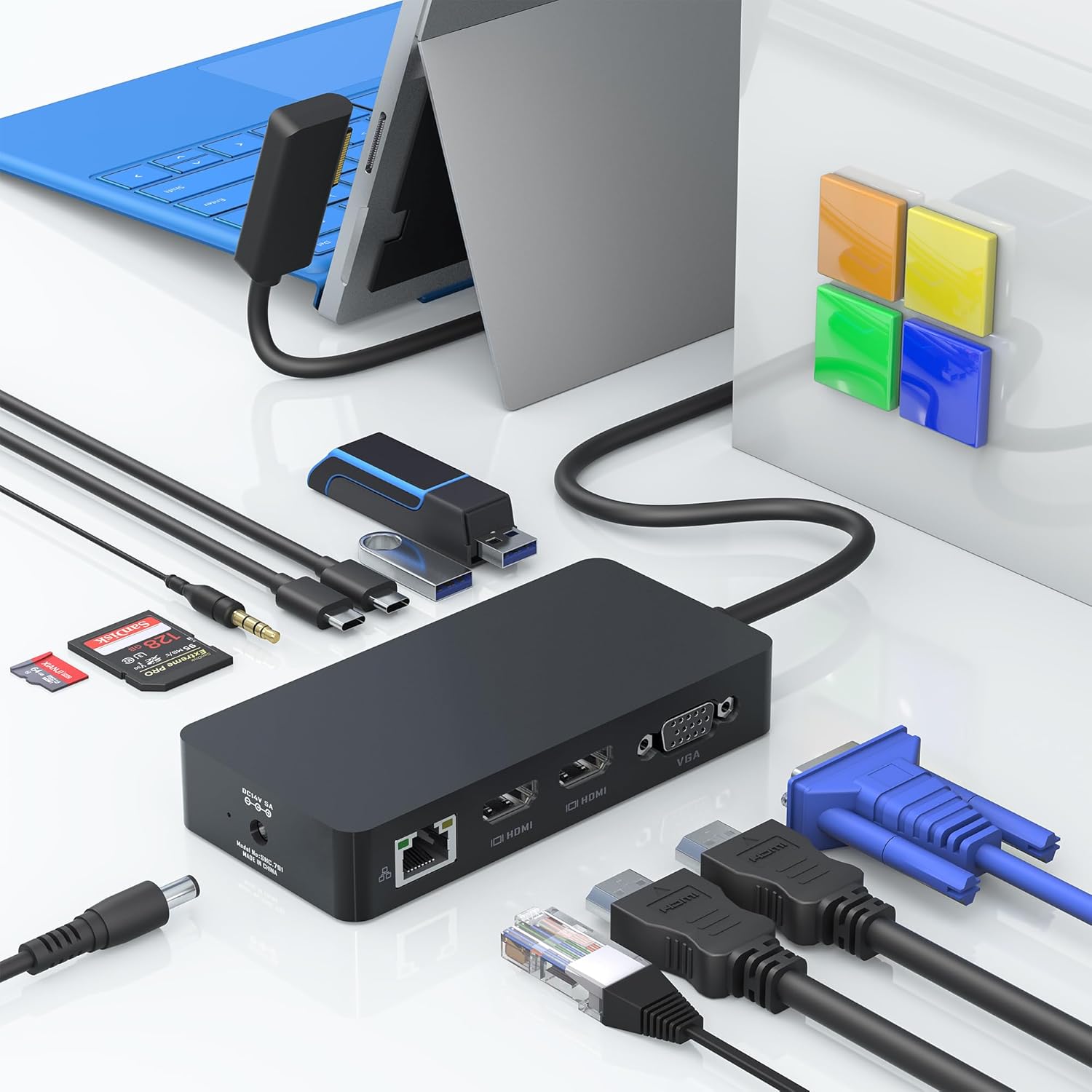 Surface Docking Station - Triple Displays 2 HDMI+VGA, 12 in 1 Surface Dock for Surface Pro 11/10/9/8/X/7/6/5/4/3, Surface Laptop 7/6/5/4/3/2/1, Surface Laptop Go 3/2, Surface Book Black