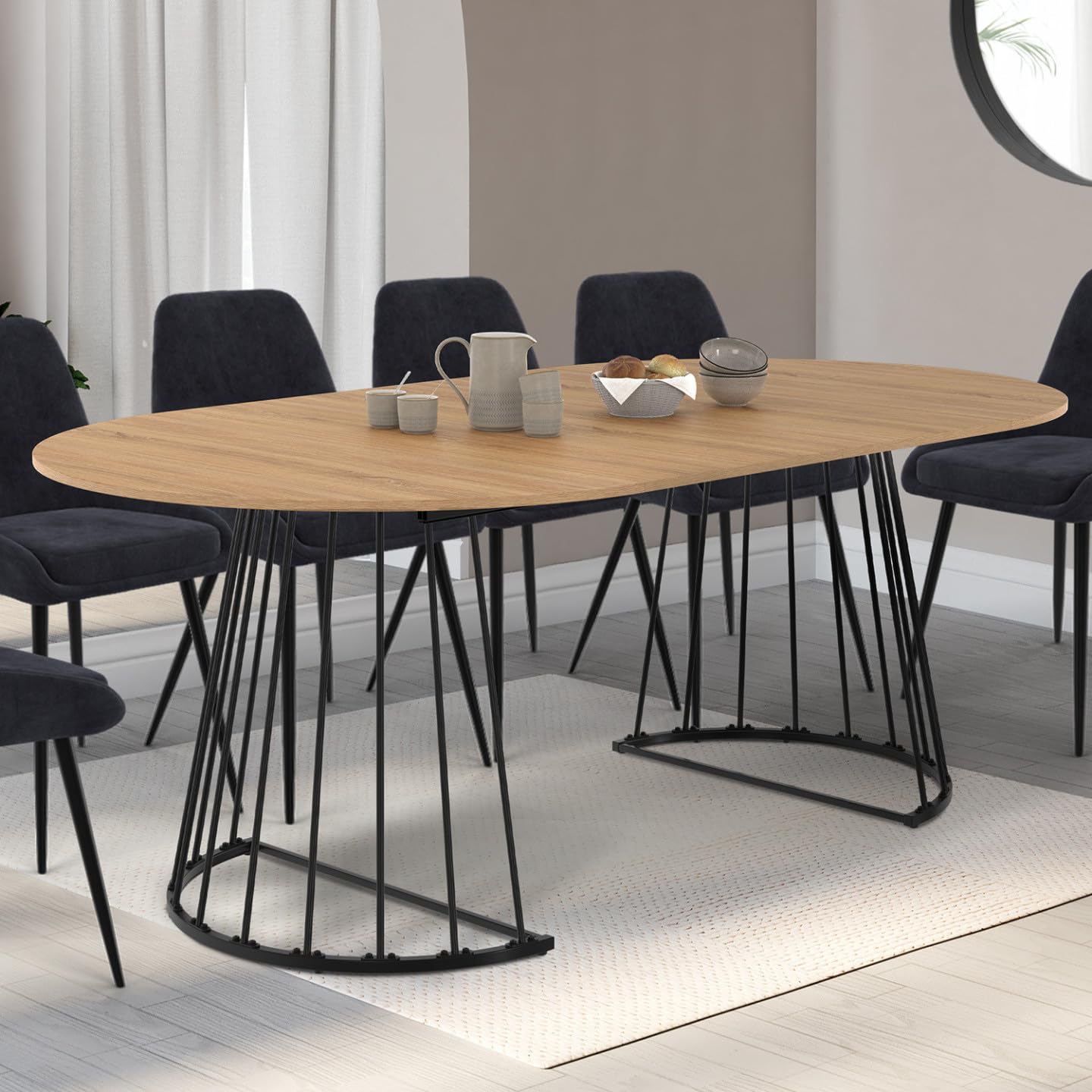 IDMarket Yuna – Mesa de comedor extensible redonda para 4-10 personas, madera y negro, 110-200 cm