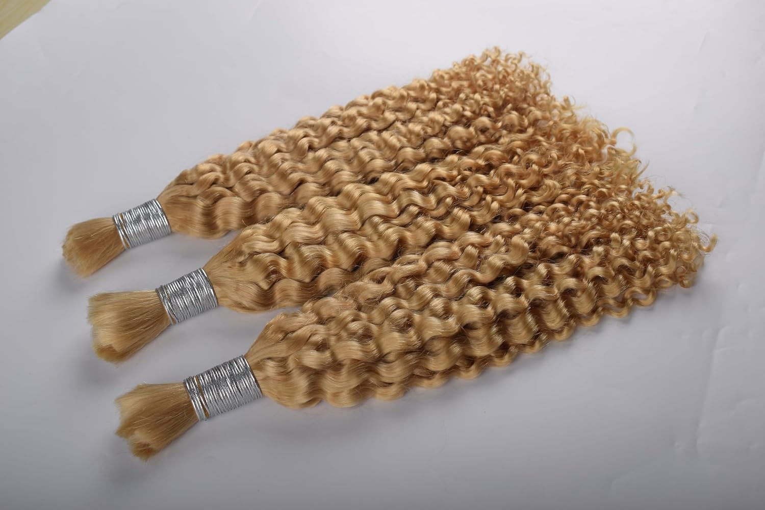 Premium Blonde Deep Wave Hair Extensions, Honey Gold Color, Silver Band Detail, Curly Human Hair Wefts, 3 Bundle Pack