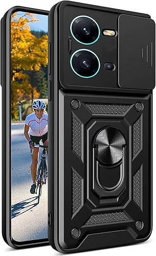 Ysnzaq Funda resistente a prueba de golpes de grado militar para Vivo V25 5G 6.44 pulgadas, protector de lente de ventana deslizante con soporte