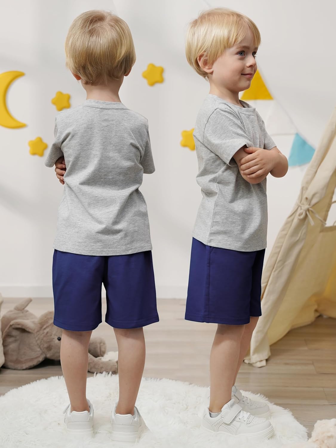 Resinta 4 Pack Toddler Boy Shorts Boys Cotton Shorts Soft Casual Elastic Waist with Pockets Drawstring Kids Summer Clothes