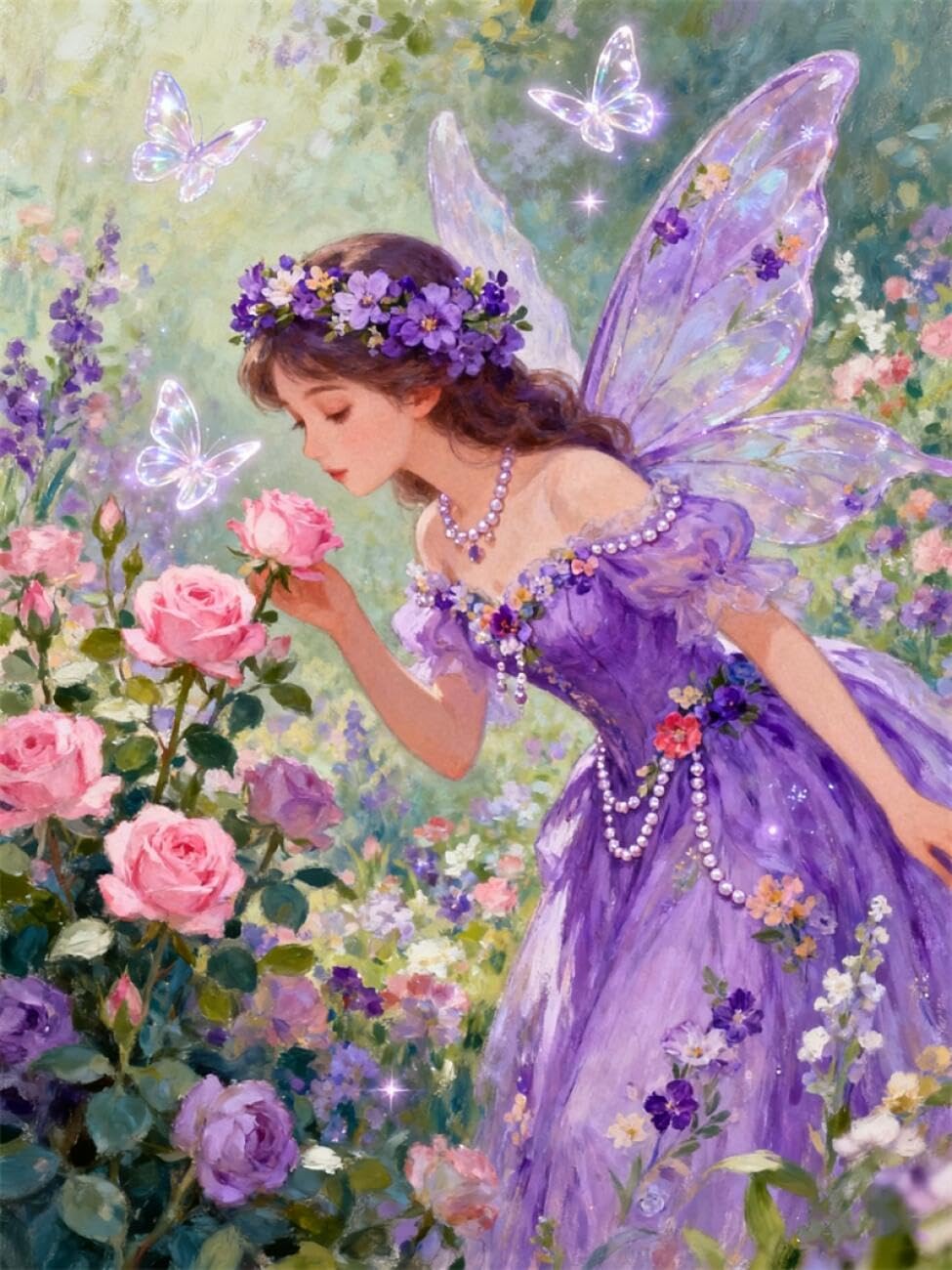 AMBATTERY DIY Embroidery Beads Set Watercolor Fairies and Flowers Bead Embroidery Kit for Adults Needlepoint Tapestry Set Beaded Stitching 50x60cm