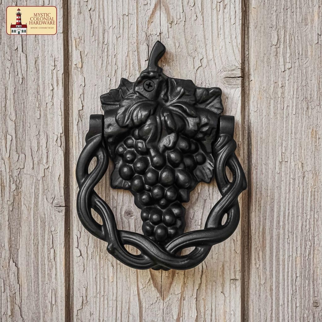 Mystic Colonial Cast Iron Front Door Knocker, Grape Vine Style Door Knocker with Mounting Screws, Heavy Duty Exterior and Interior Decorative Antique Door Knocker, Vintage Home Decor Accessory