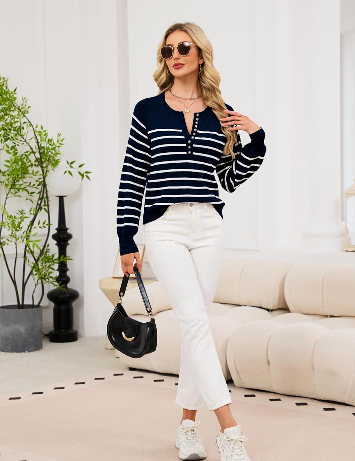 Hongsui Women's Color Block Striped Sweaters Button Up Crewneck Pullover Ribbed Knit Sweater Tops - Image 4