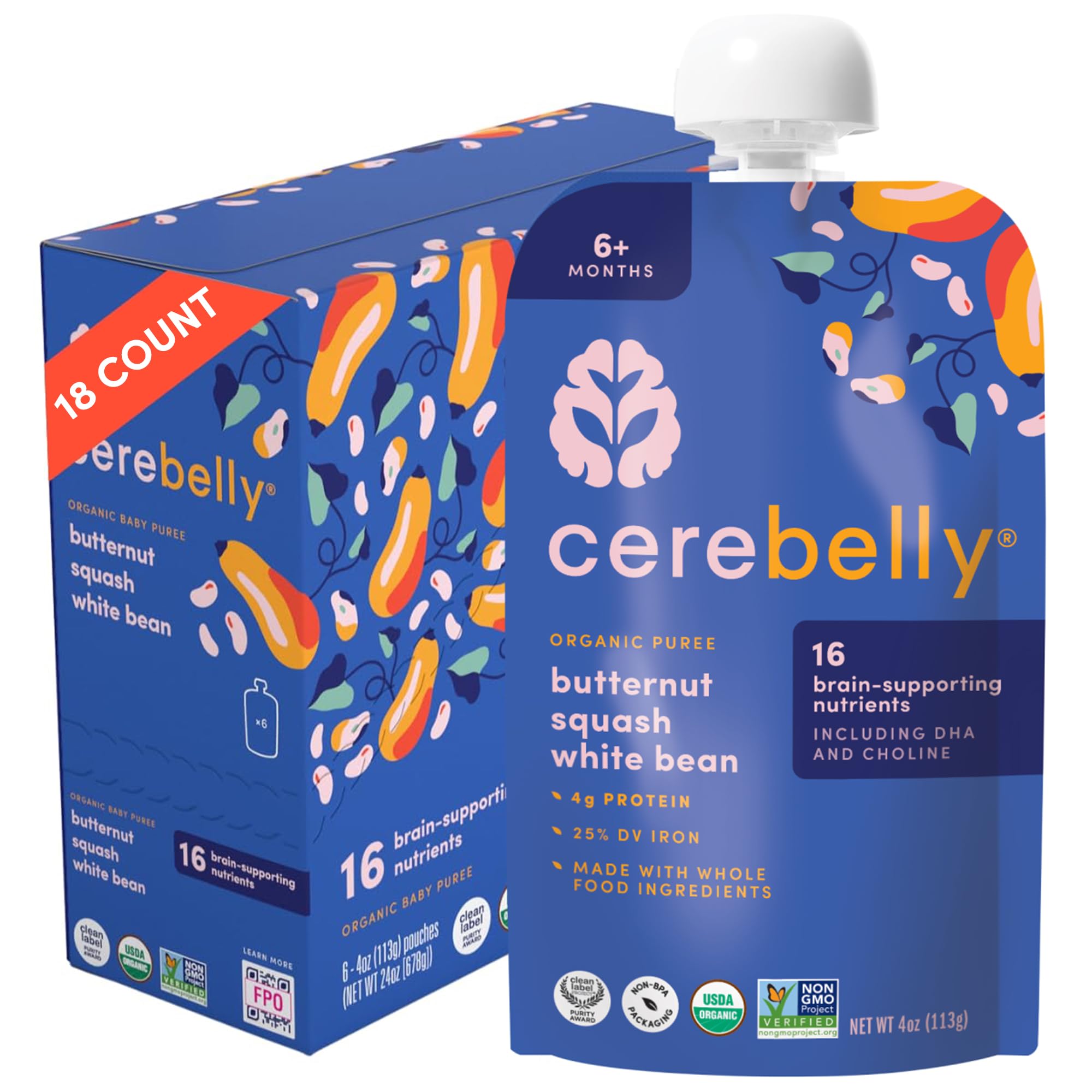 Cerebelly Organic Baby Food Pouches, Butternut Squash White Bean Purees, 16 Nutrients, No Added Sugar, Fiber & Non-GMO, 4oz, 18 Pack