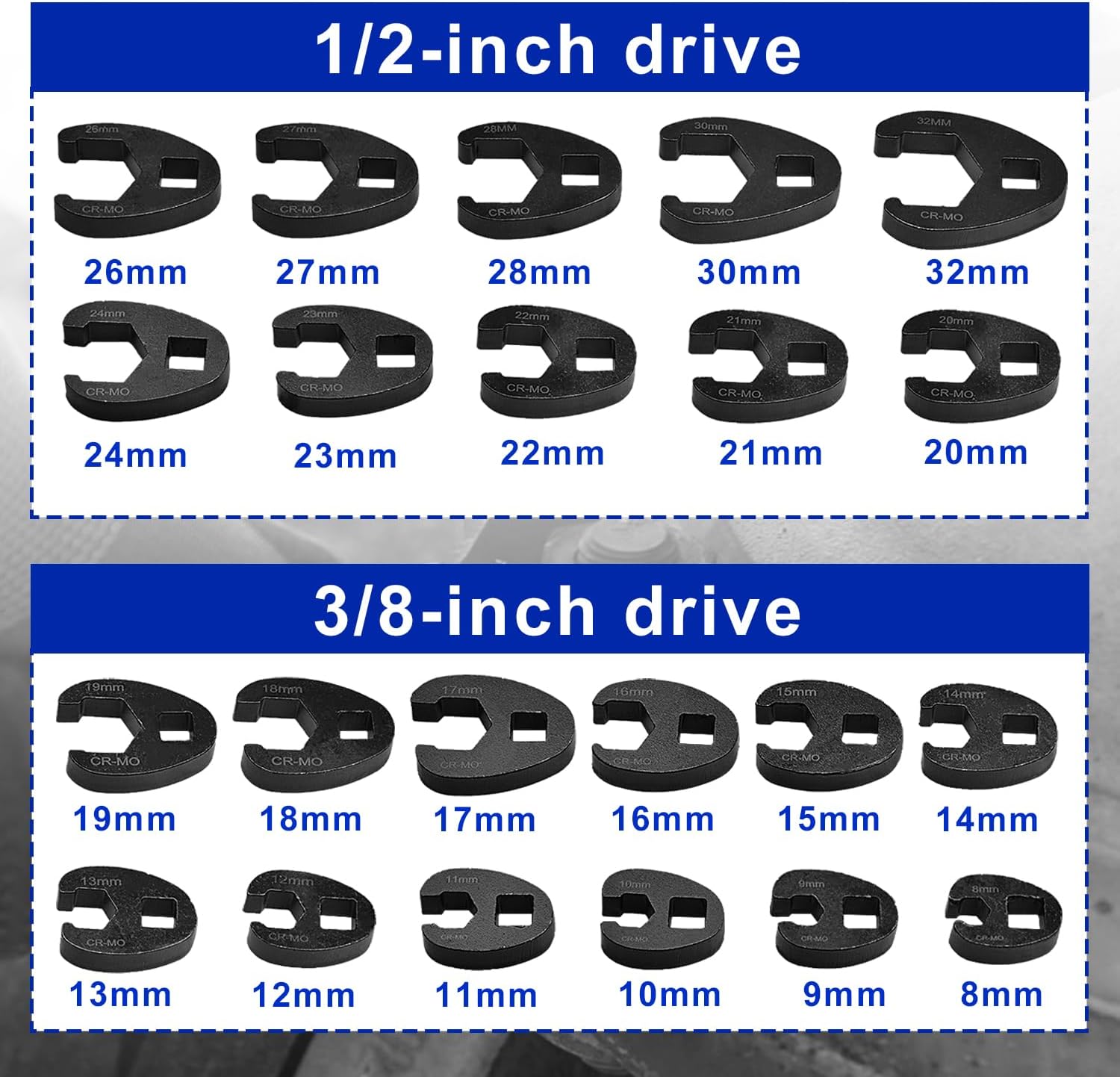LainKeen 25pcs Crows Foot Wrench Set 1/2" and 3/8” Drive Flare Nut Crowfoot Set Metric 8-32mm 6 Point Crows Feet Wrenches with Extension Bar, Wrench Kit for Removing Nuts from Hard-to-Reach Areas