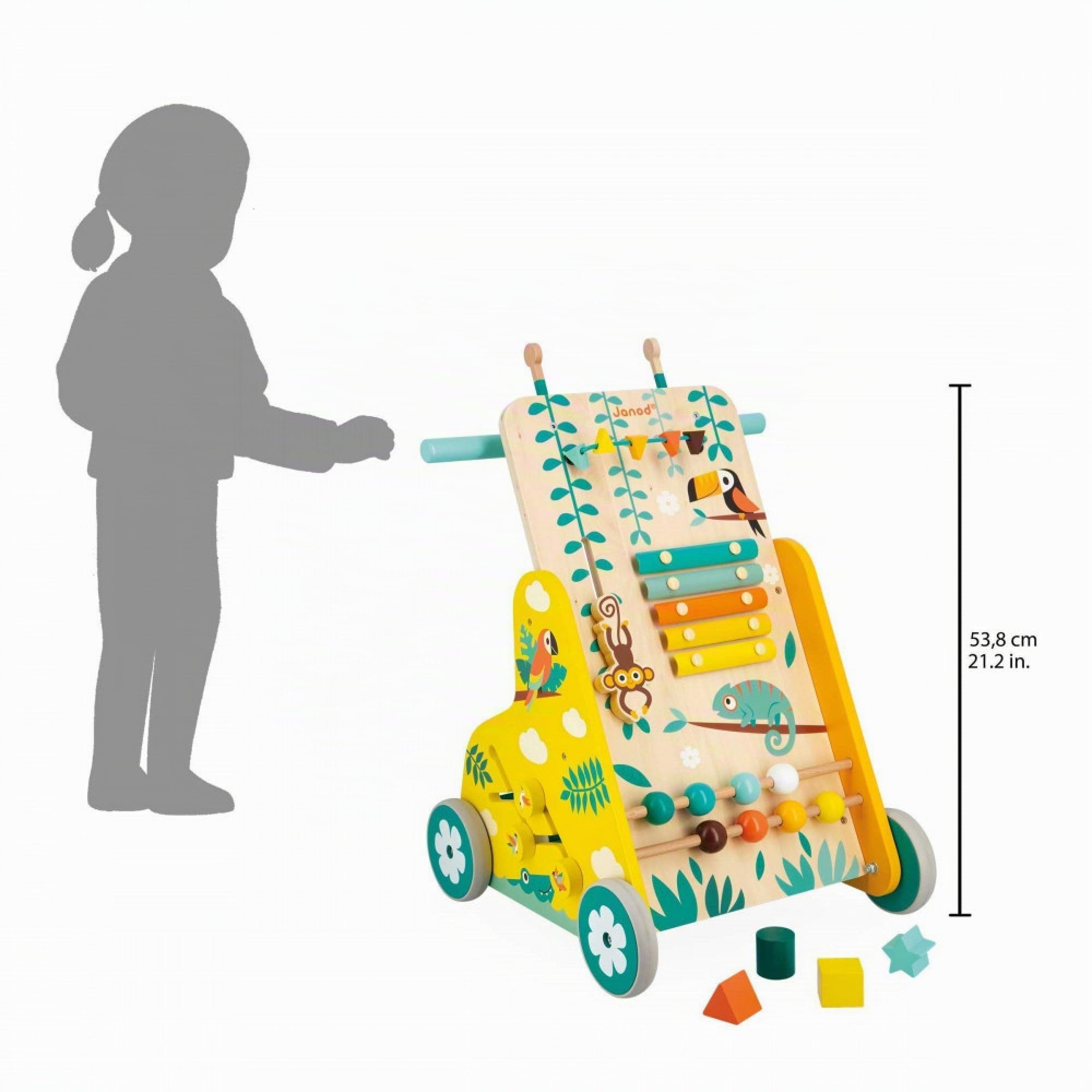 Janod - Carrito Multiactividades Tropik - Andador de Madera - Juguete Educativo 6 Actividades - Ruedas Silenciosas y Frenos - Certificado FSC - Pintura al Agua - A Partir de 1 Año, J08269