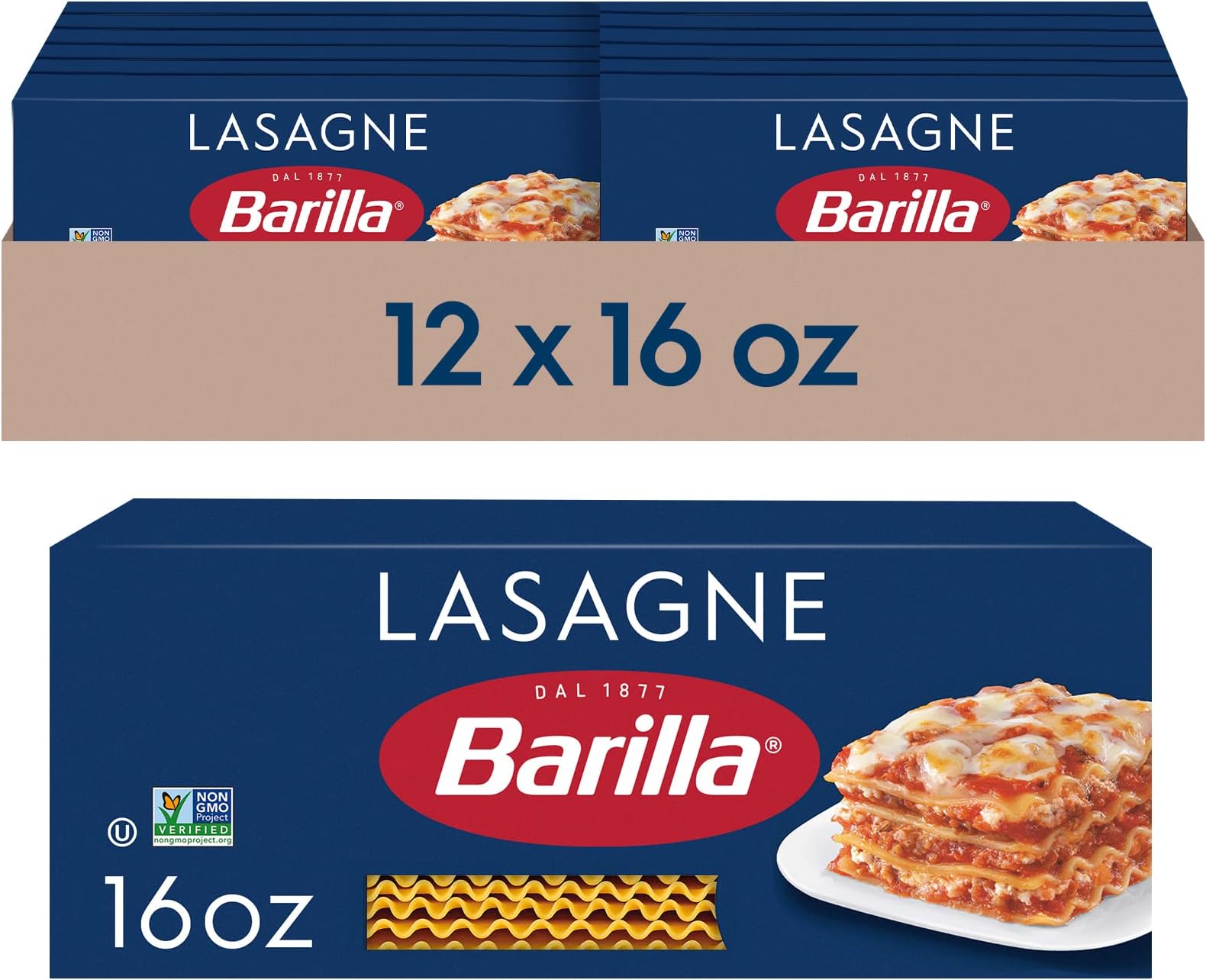 Wavy Lasagne Pasta, 16 oz. Boxes (Pack of 12) - Non-GMO, Made with Durum Wheat Semolina - Kosher Certified