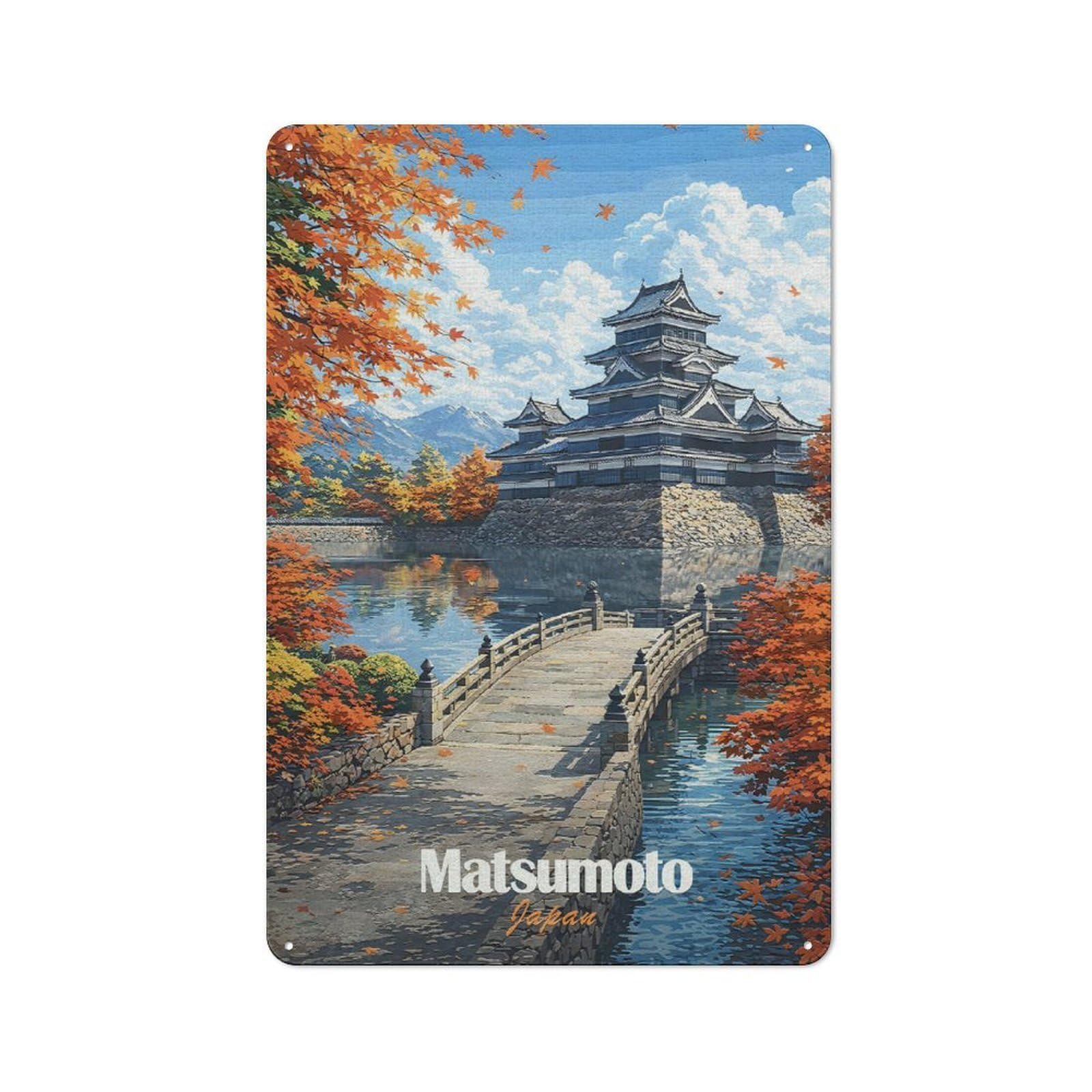 Junmoney Style-22 Tin Wall Plaque 30X20cm With Matsumoto Castle In Autumn For Hallway Wall, Suited To Hallway Decor Lovers, For Retro Home Interiors