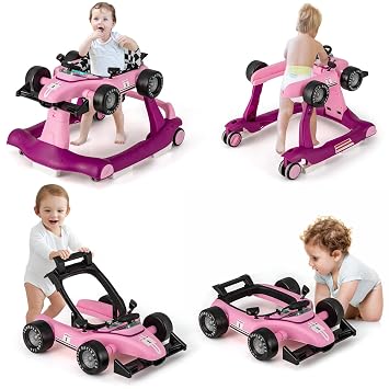 HONEY JOY 4-in-1 Baby Walker, Activity Push Walker w/3 Adjustable Heights, Smooth Wheels w/Adjustable Speed, Padded Seat, Music & Light, Foldable Car Walker for Baby Boys Girls Age 6 Months+ Purple