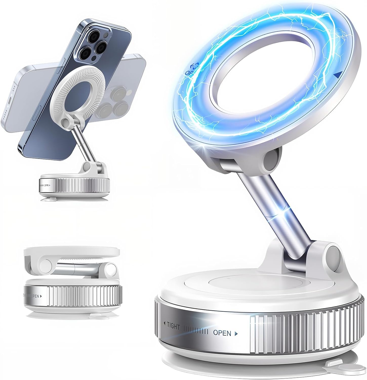 RIGGEAR Vacuum Suction Magnetic Phone Holder, Foldable 360° Adjustable Car Mobile Phone Mount for Magsafe iPhones and All Android Phones, Holder for Car, Gym, Mirror, Smooth Surface Table Top (White)-image-44